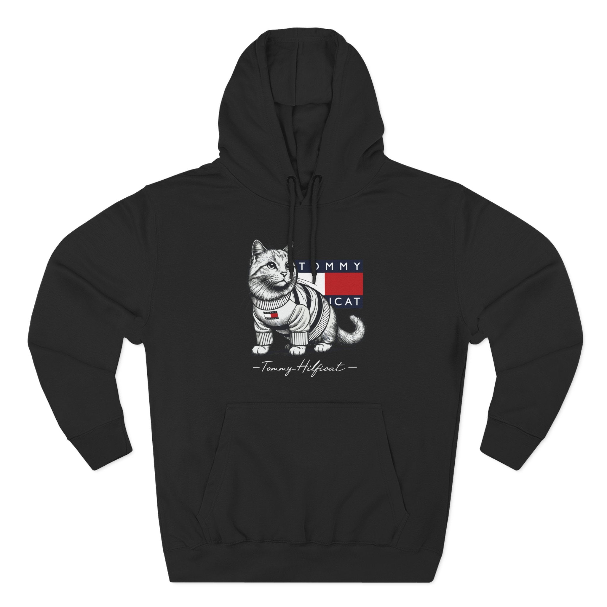 Tommy Hilficat Signature Purr Style Cat Graphic Hoodie in black, front view