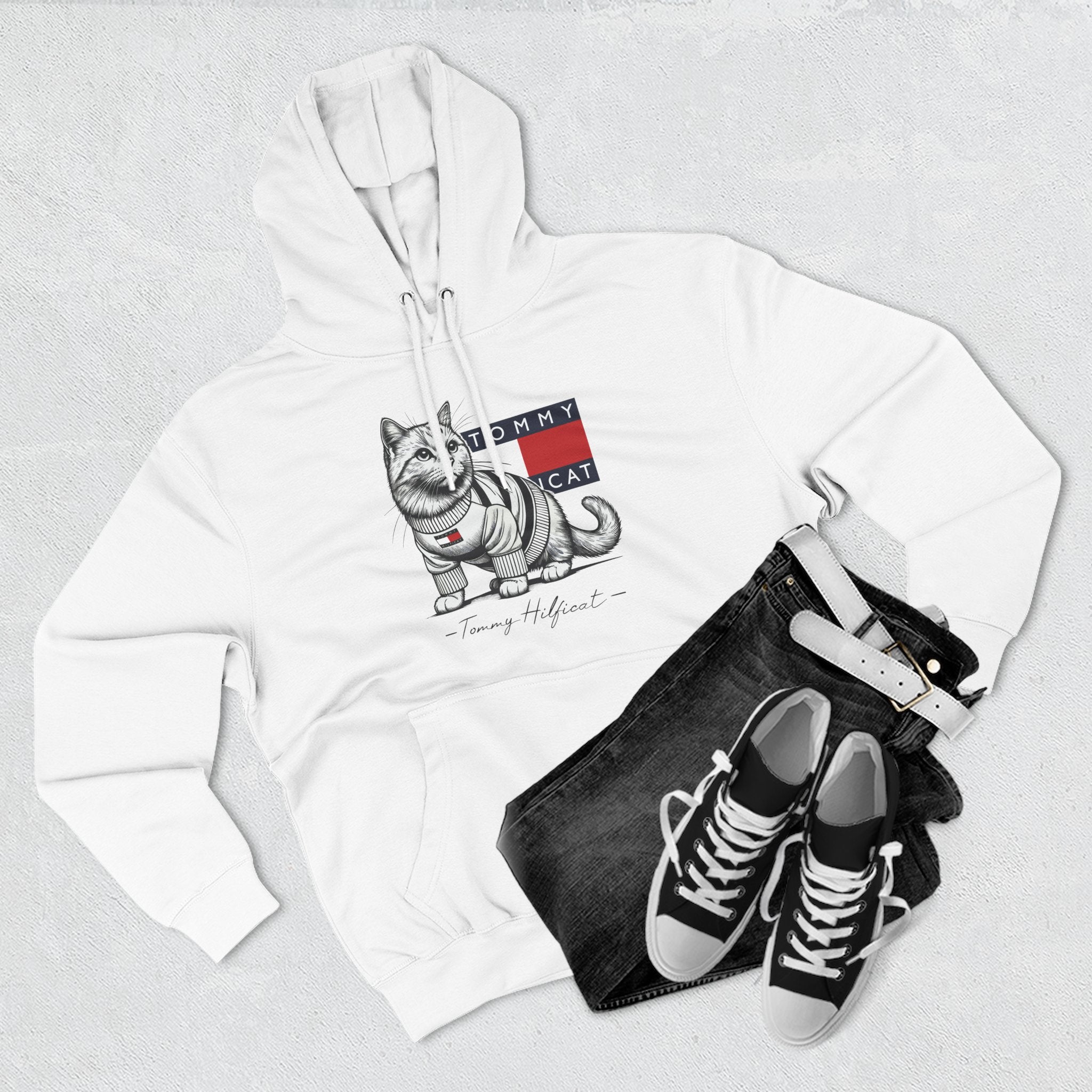 Tommy Hilficat Signature Purr Style Cat Graphic Hoodie in white, flat lay