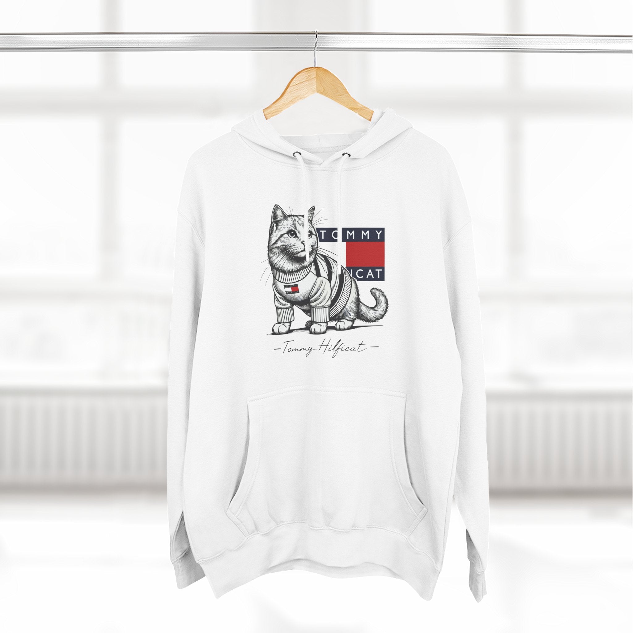 Tommy Hilficat Signature Purr Style Cat Graphic Hoodie in white, on a hanger