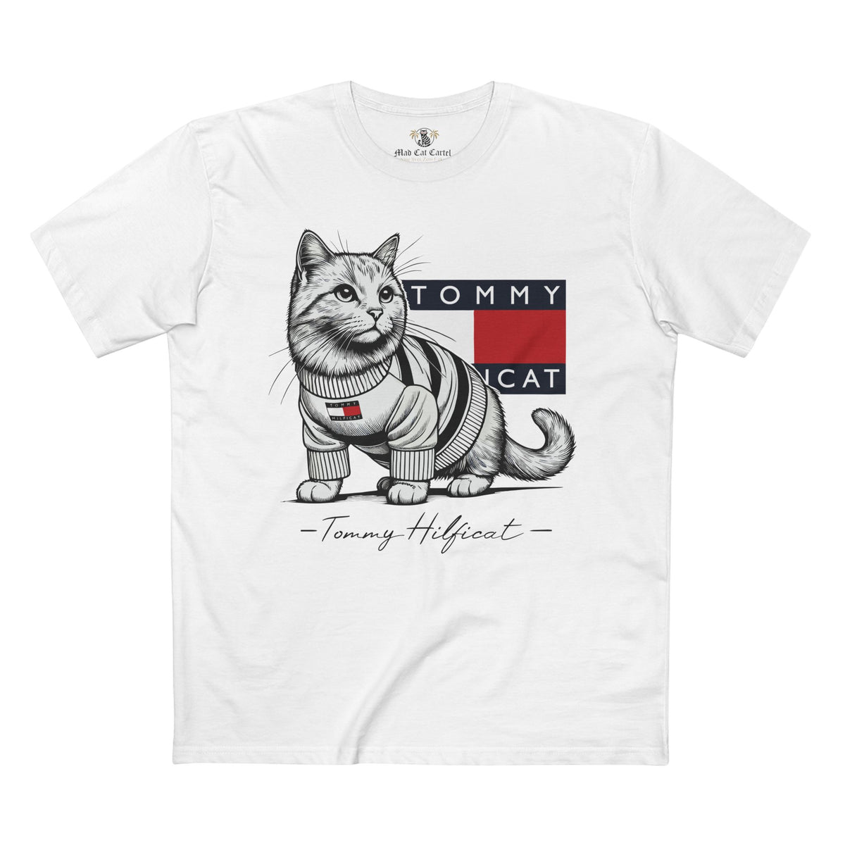 Tommy Hilficat Signature Purr Style Cat Graphic White T-Shirt, front view