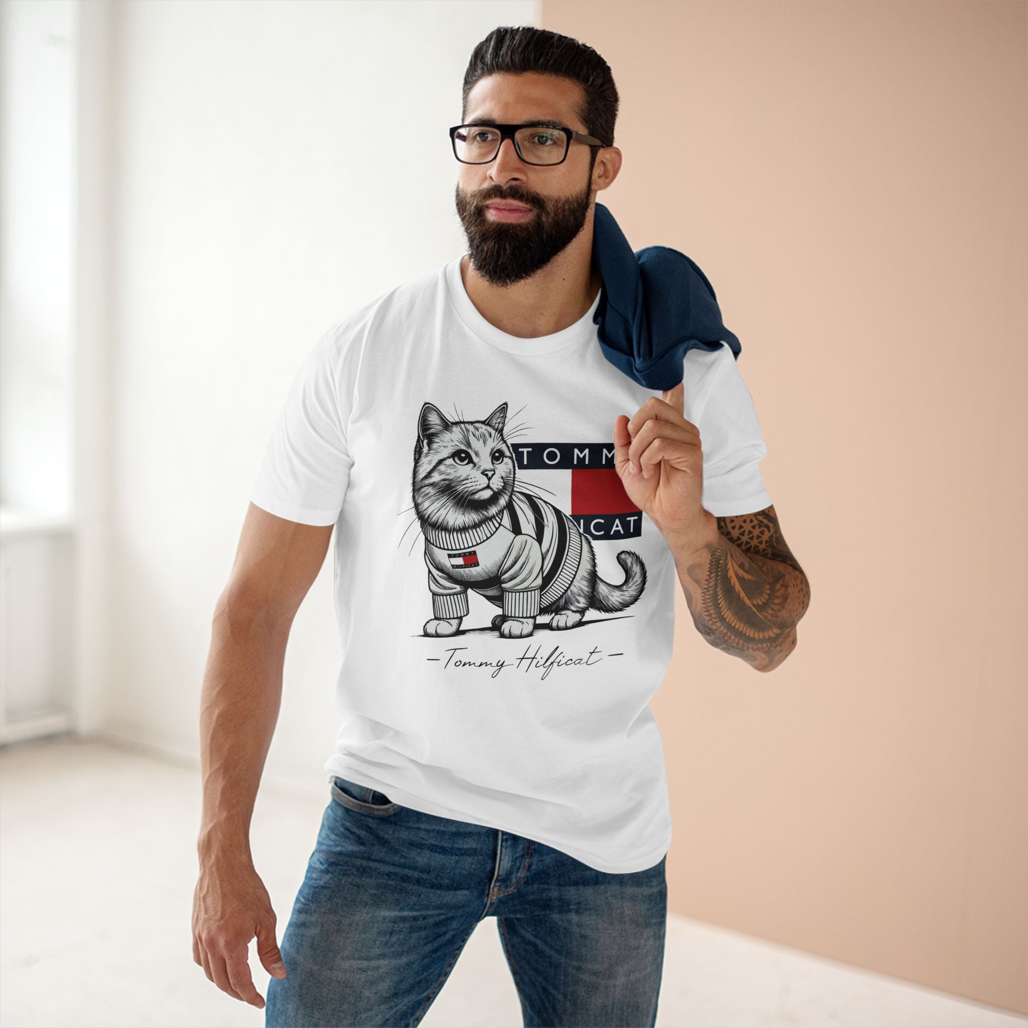 Tommy Hilficat Signature Purr Style Cat Graphic White T-Shirt, worn by a male model