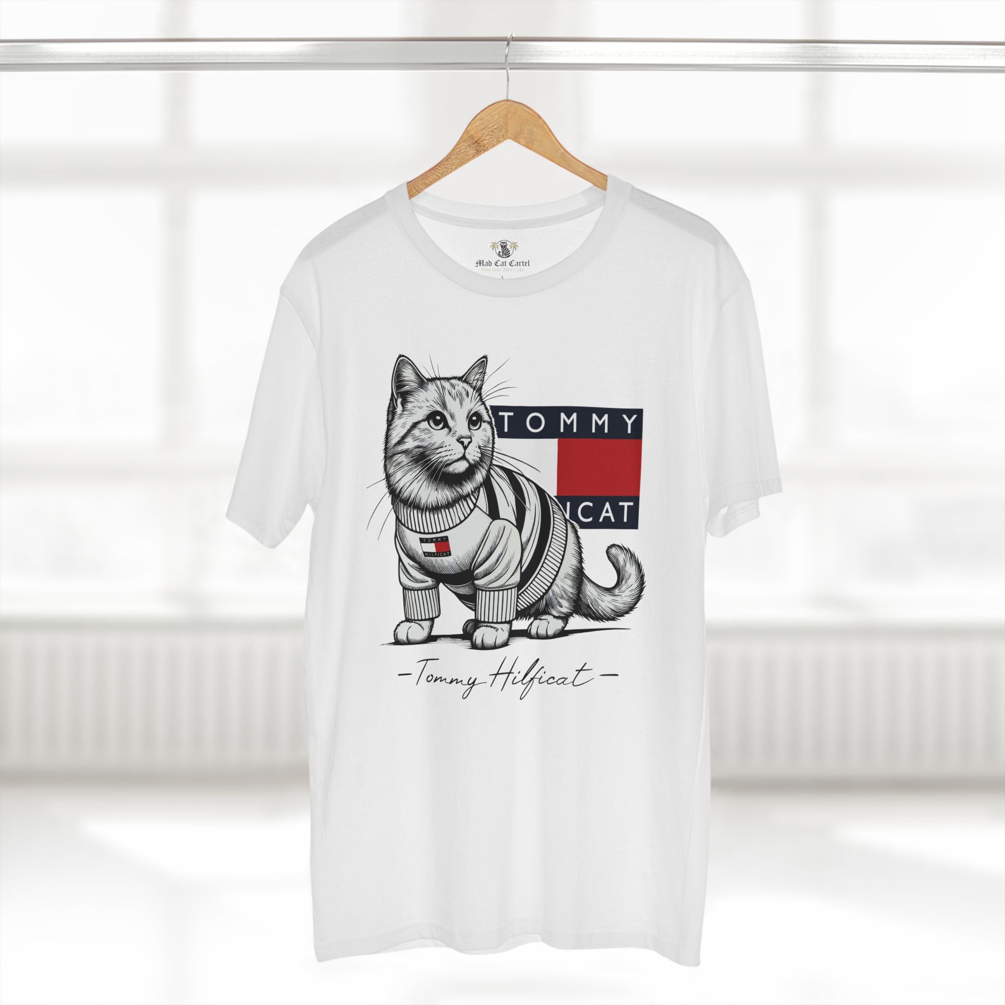 Tommy Hilficat Signature Purr Style Cat Graphic White T-Shirt, on a hanger