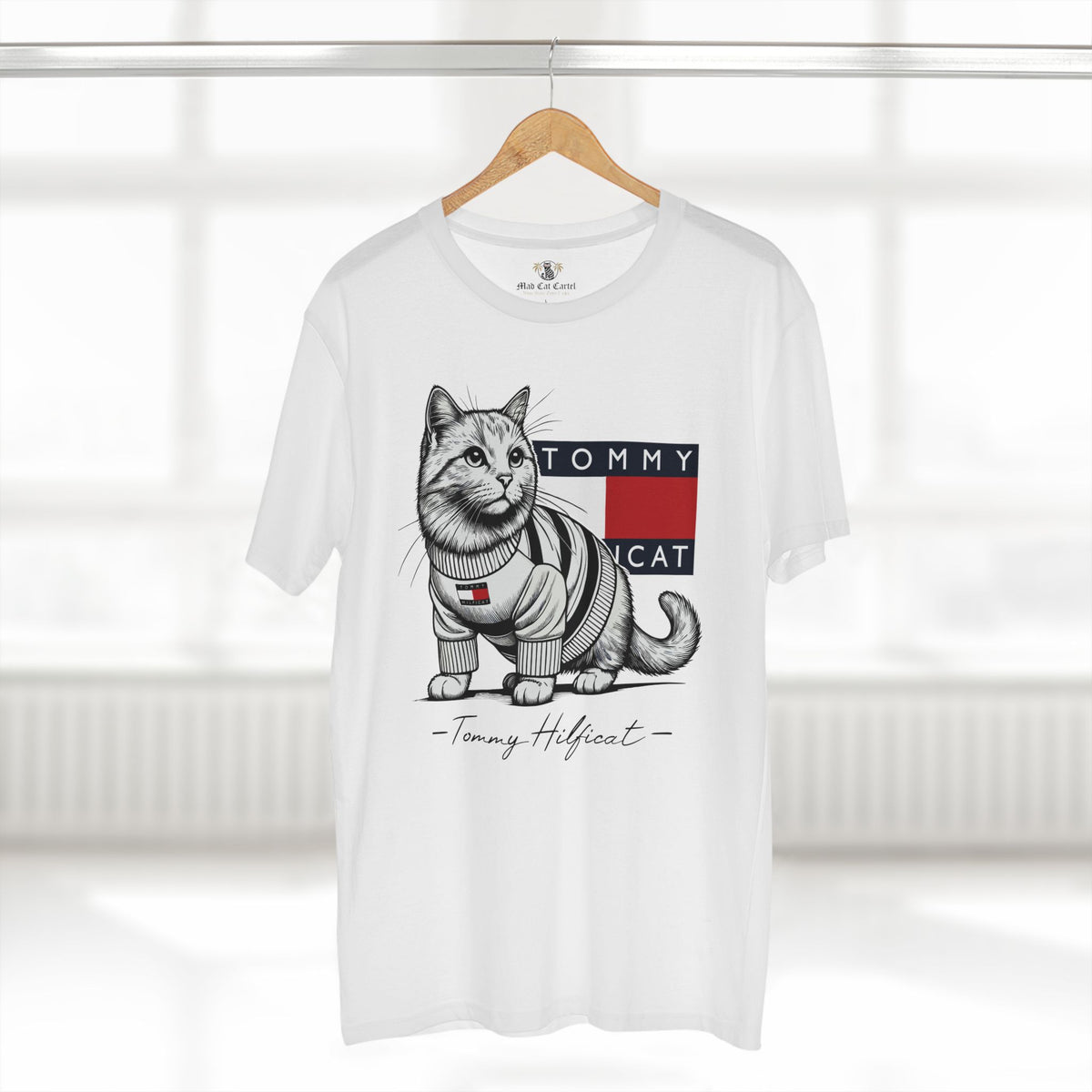 Tommy Hilficat Signature Purr Style Cat Graphic White T-Shirt, on a hanger