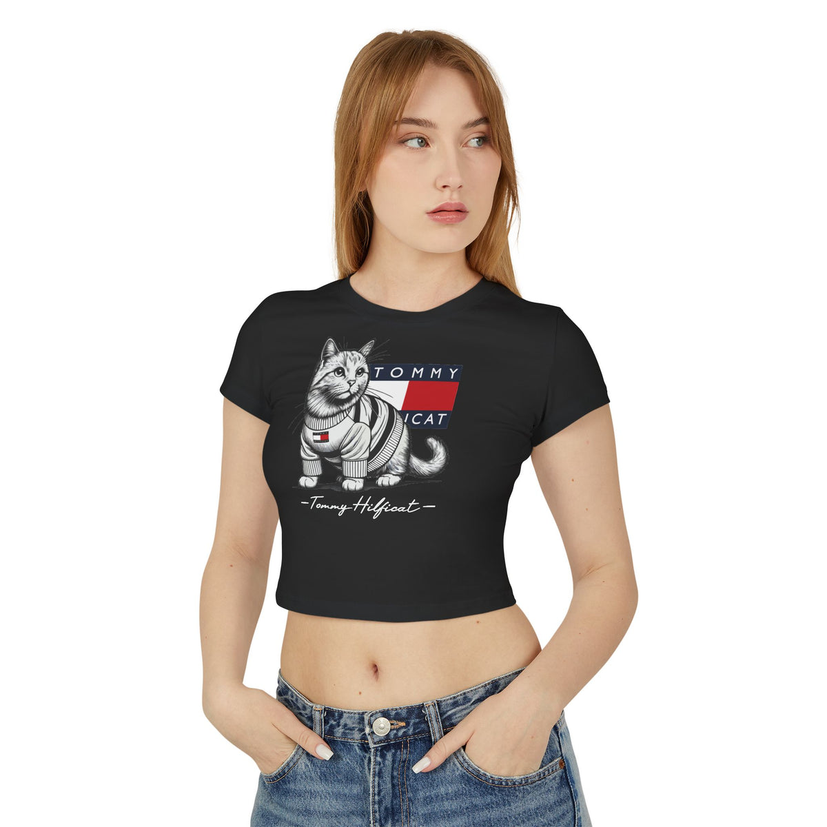 Tommy Hilficat Signature Purr Style Cat Graphic Women's Baby Tee in black, worn by a female model