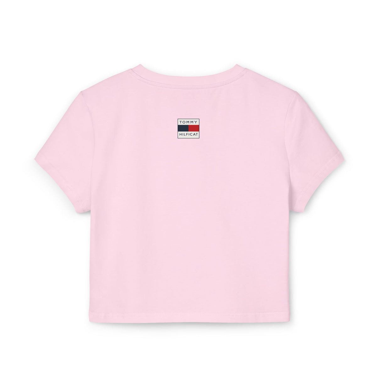 Tommy Hilficat Signature Purr Style Cat Graphic Women's Baby Tee in light pink, back view