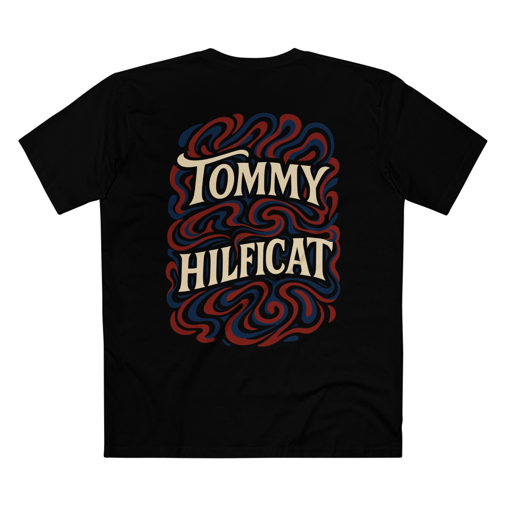 Tommy Hilficat Swirl Statement Cat Graphic T-Shirt in black, flat lay, back