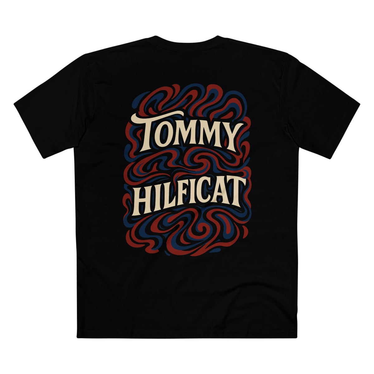 Tommy Hilficat Swirl Statement Cat Graphic T-Shirt in black, flat lay, back