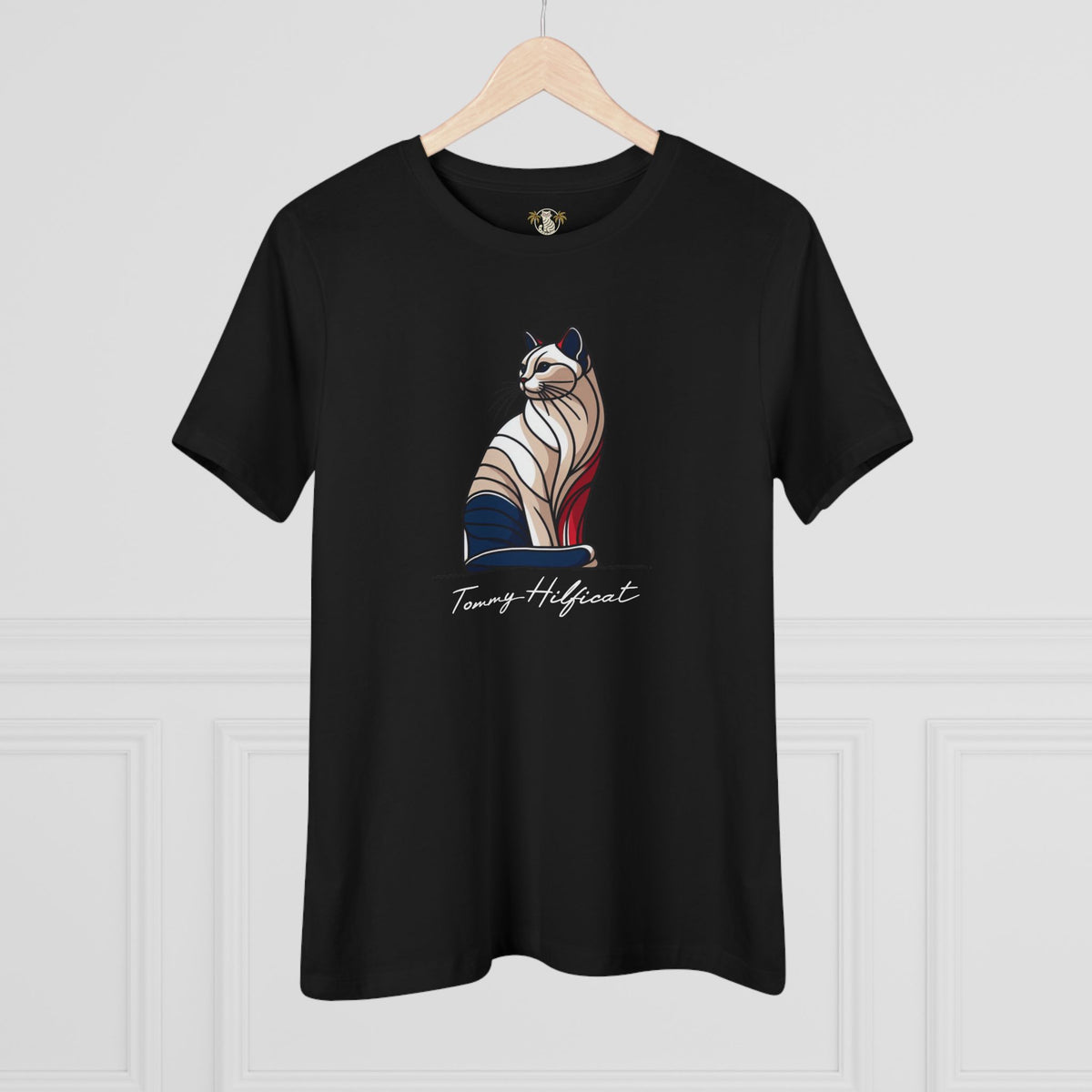 Tommy Hilficat The Sitting Icon Women's T-Shirt in black, on a hanger
