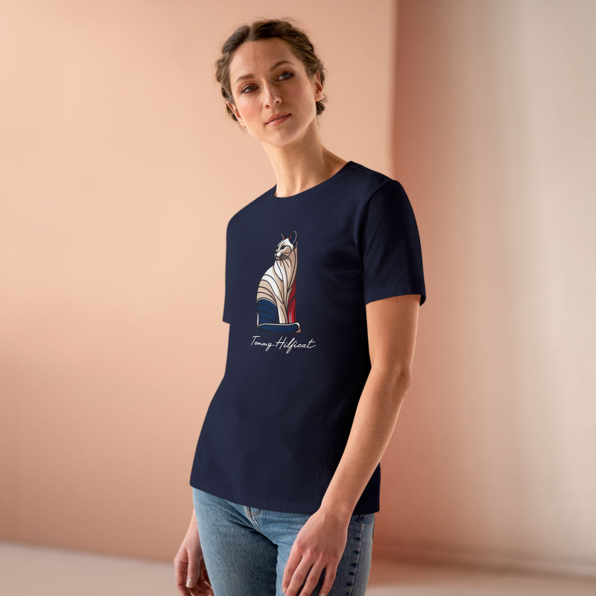 Tommy Hilficat The Sitting Icon Women's T-Shirt in navy, worn by a female model