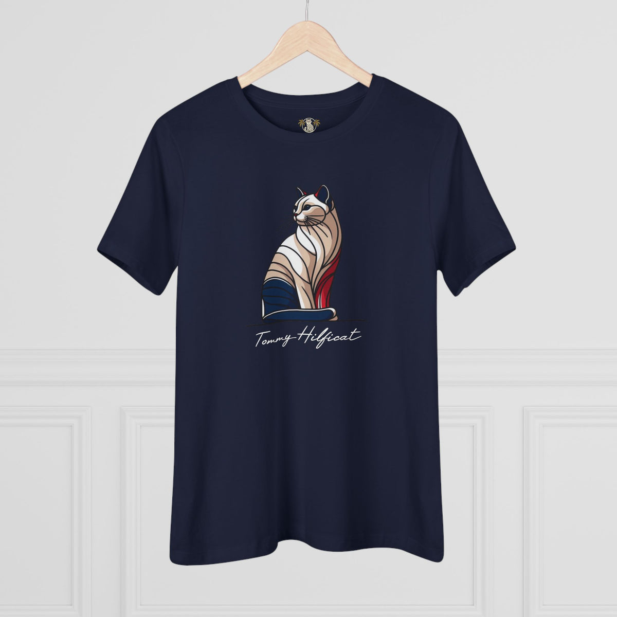 Tommy Hilficat The Sitting Icon Women's T-Shirt in navy, on a hanger
