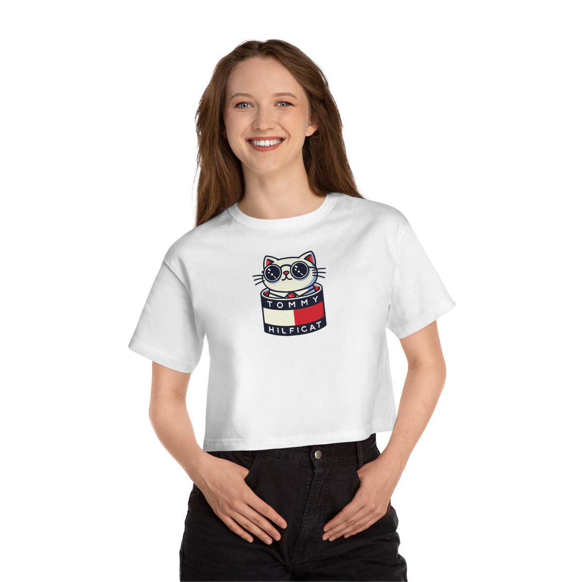 Tommy Hilficat x Champion Pop-Up Kitty Graphic Cropped T-Shirt in white, worn by a female model