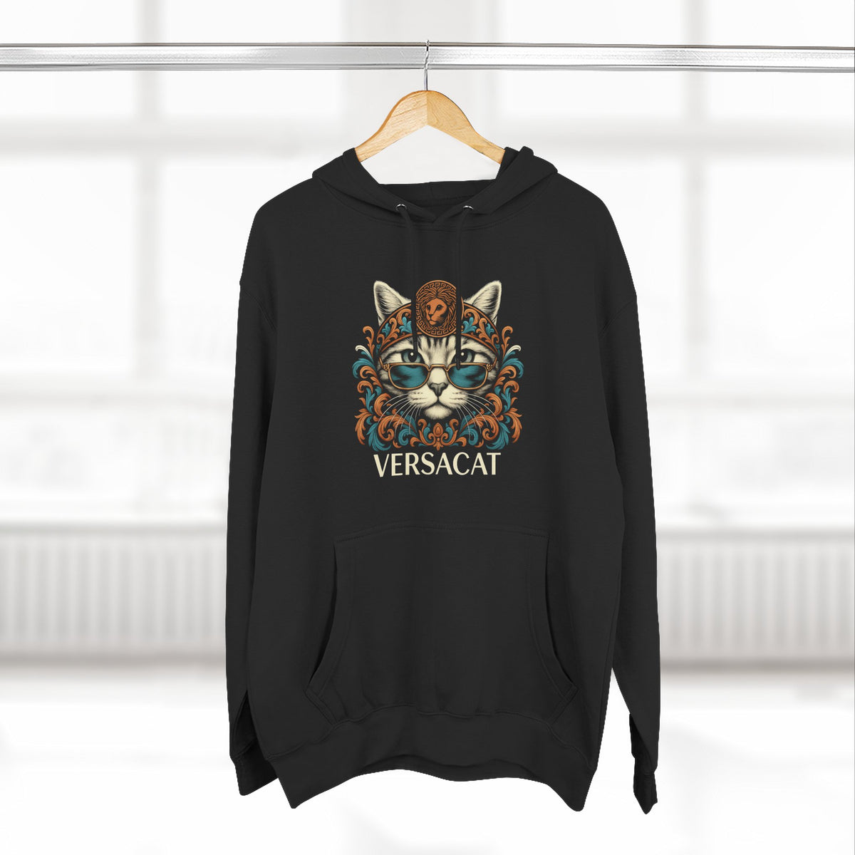 Versacat Baroque Bloom Graphic Hoodie in black, on a hanger