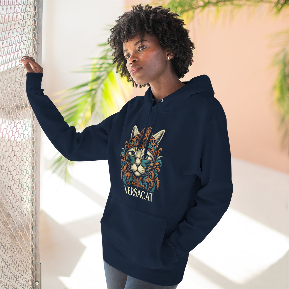 Versacat Baroque Bloom Graphic Hoodie in navy, worn by a female model