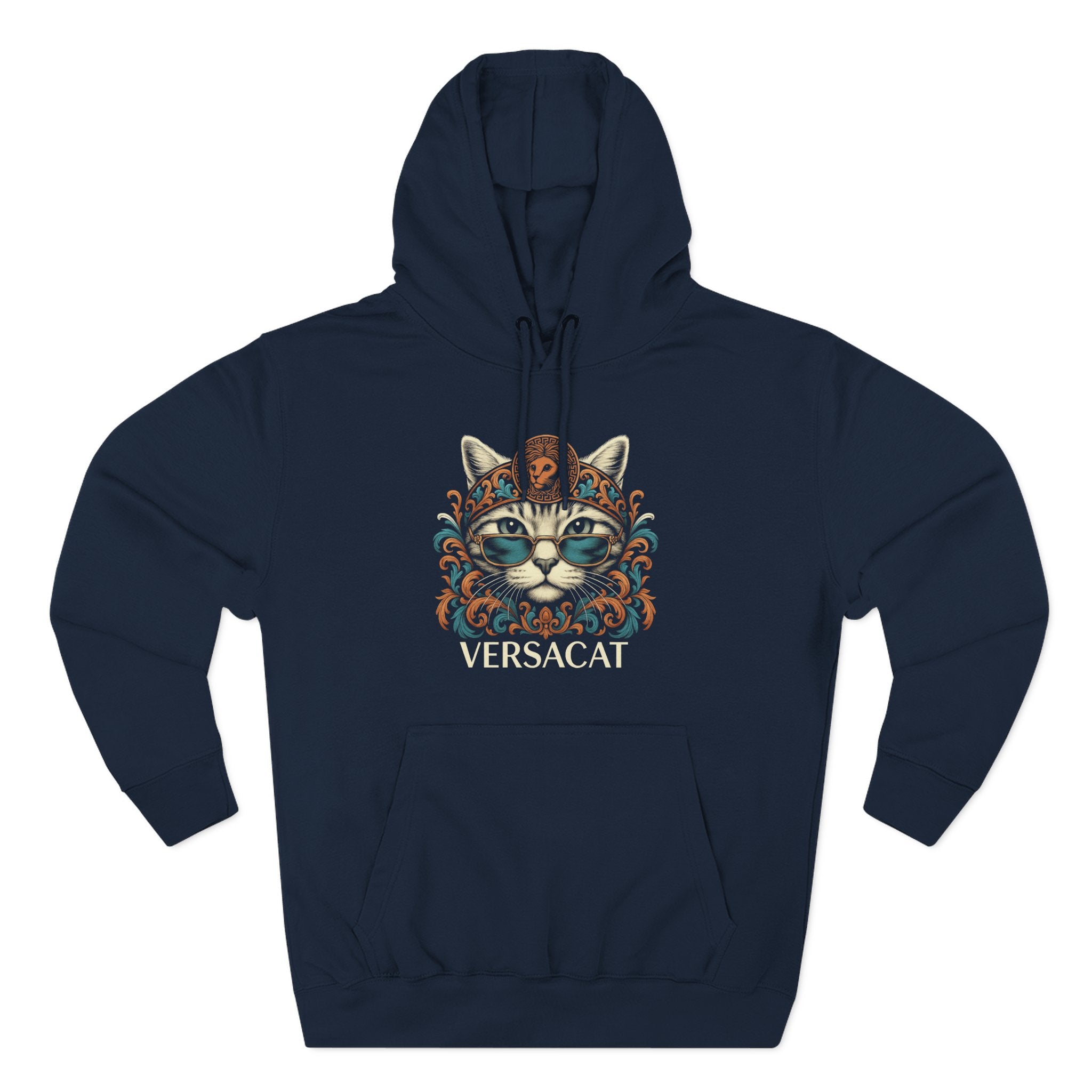 Versacat Baroque Bloom Graphic Hoodie in navy, front view