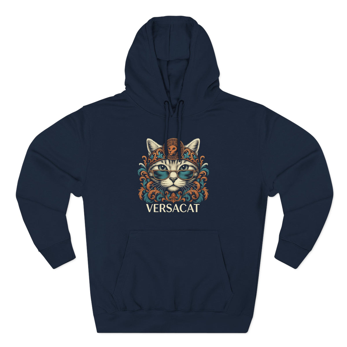 Versacat Baroque Bloom Graphic Hoodie in navy, front view