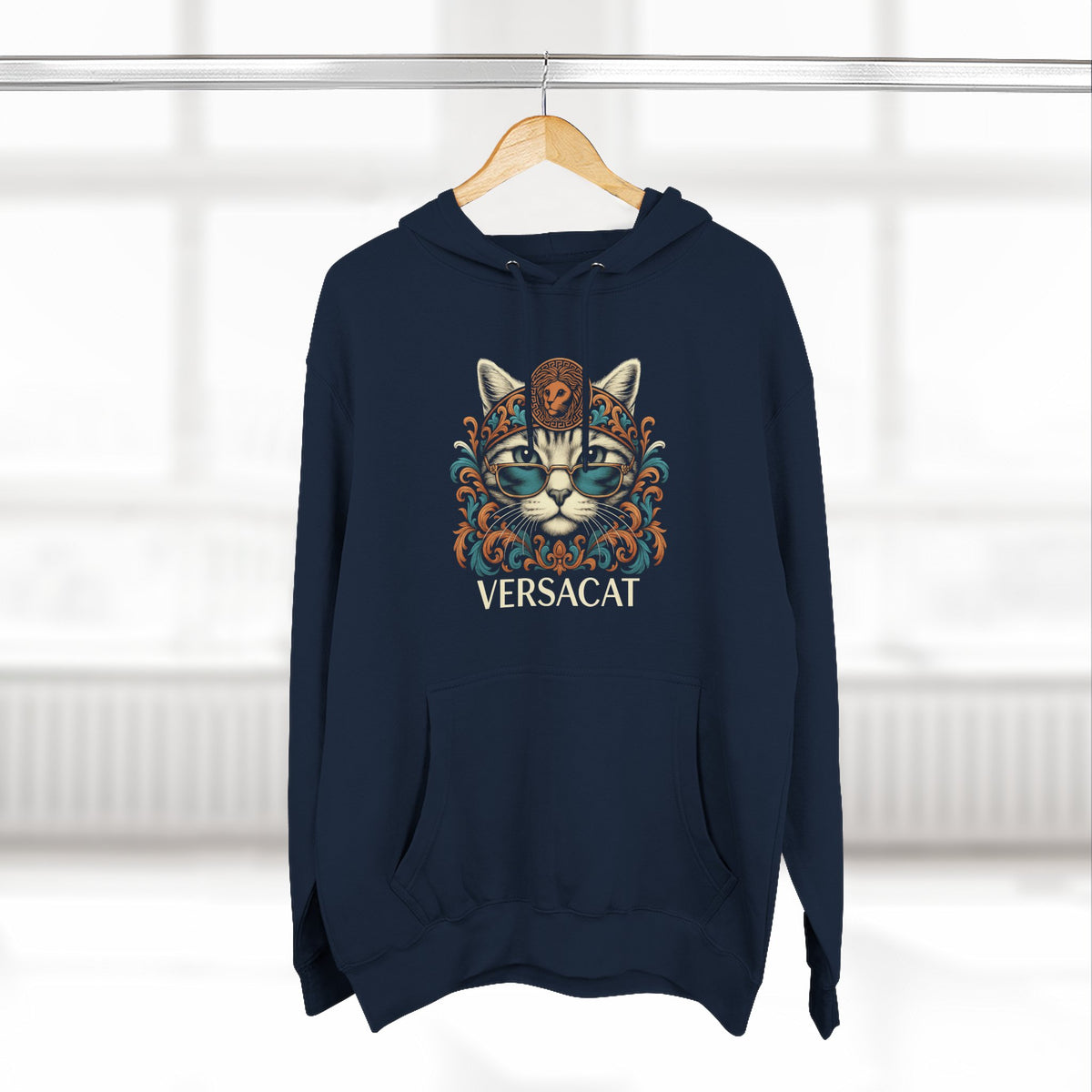 Versacat Baroque Bloom Graphic Hoodie in navy, on a hanger