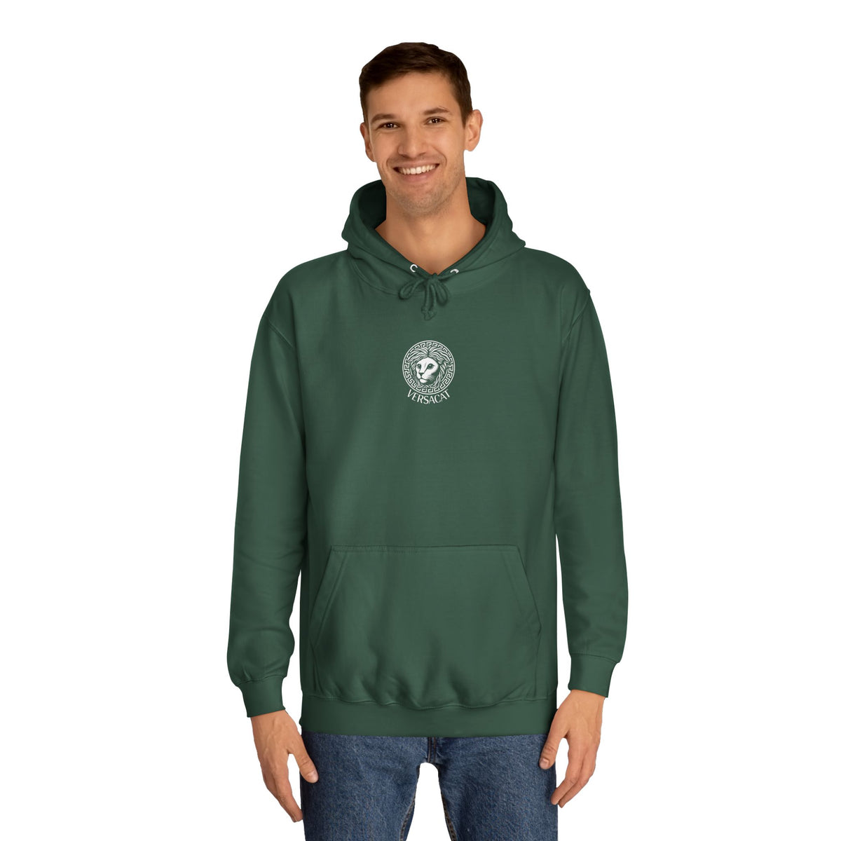 Versacat Chest Logo Cat Graphic Hoodie in bottle green, worn by a male model