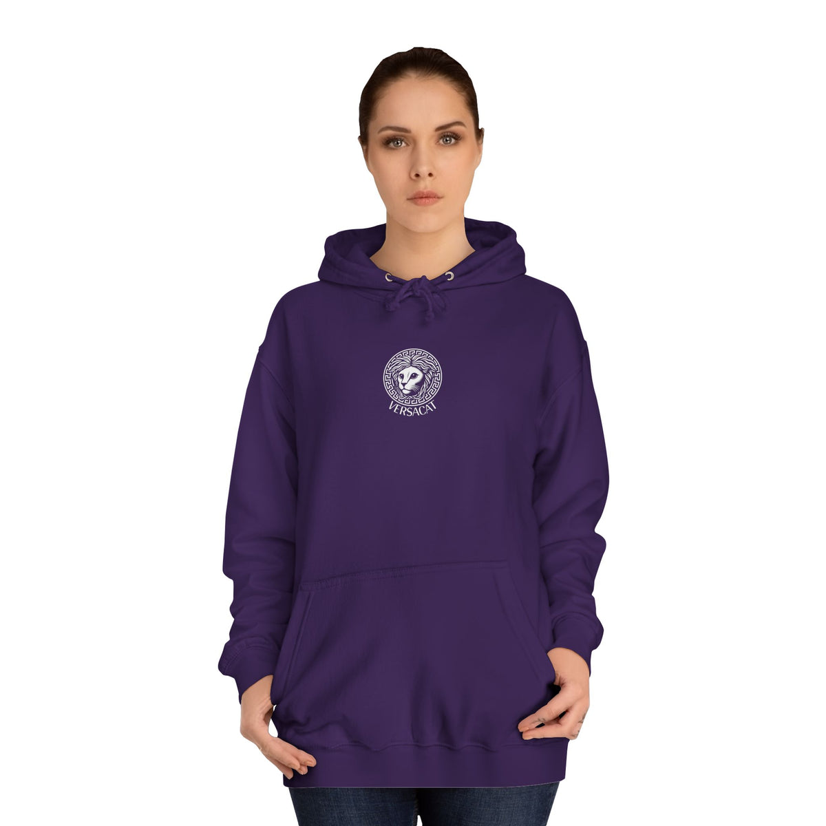Versacat Chest Logo Cat Graphic Hoodie in purple, worn by a female model