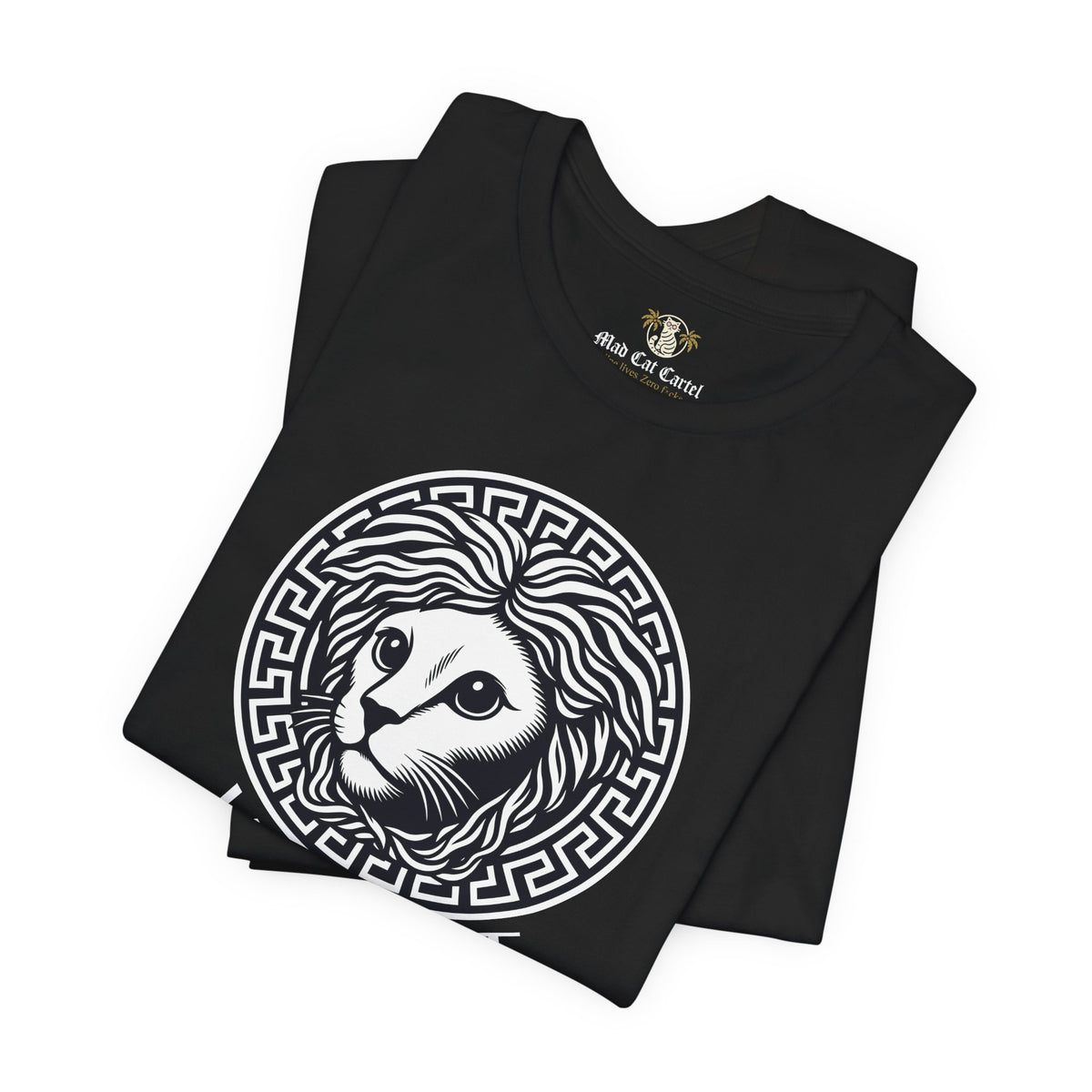 Versacat Medusa Cat Emblem Graphic T-Shirt in black, folded