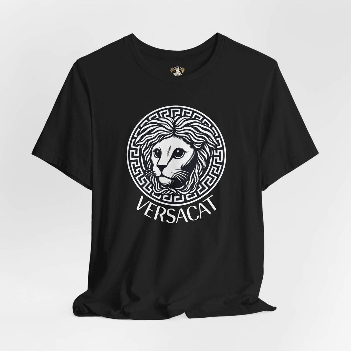 Versacat Medusa Cat Emblem Graphic T-Shirt in black, front view