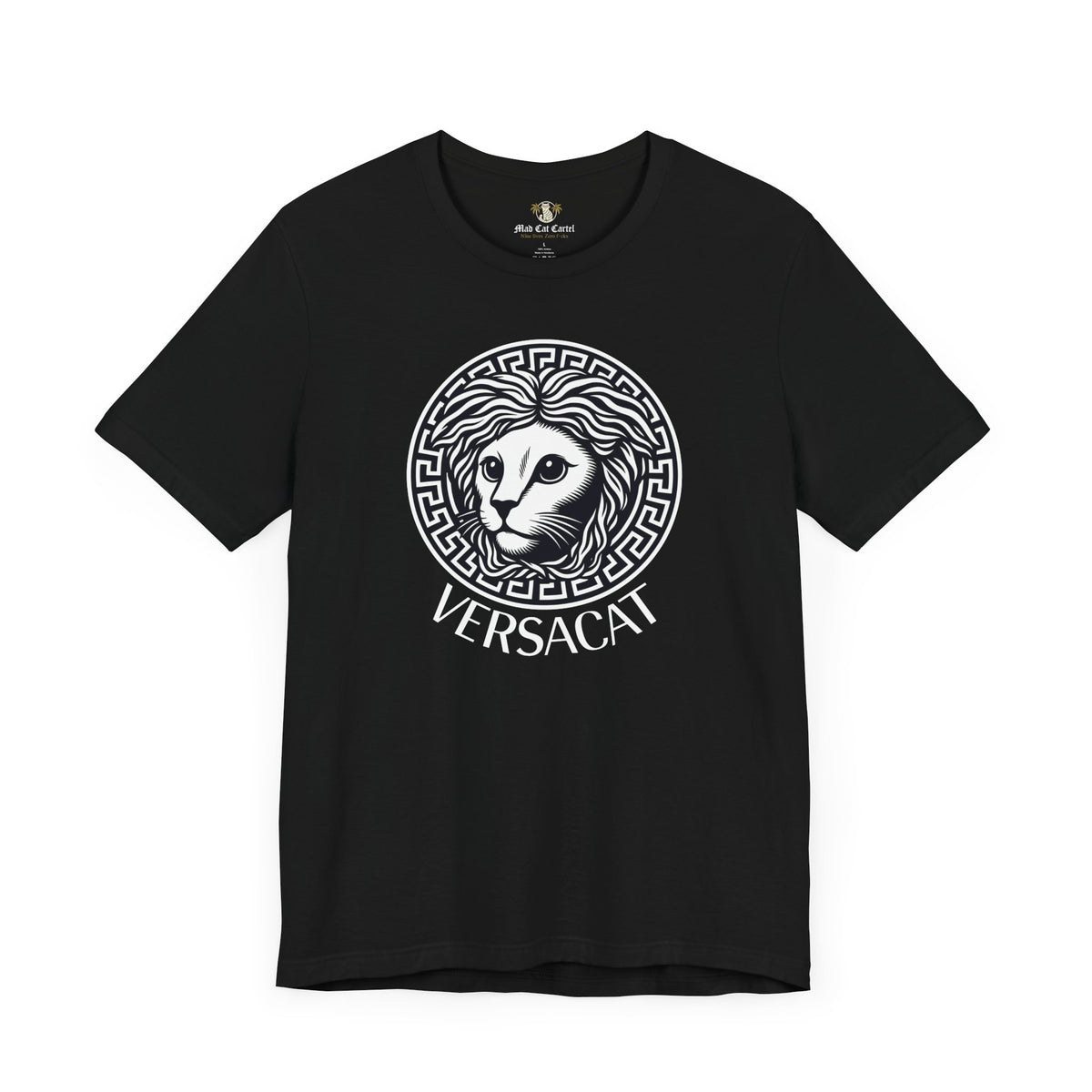 Versacat Medusa Cat Emblem Graphic T-Shirt in black, front view