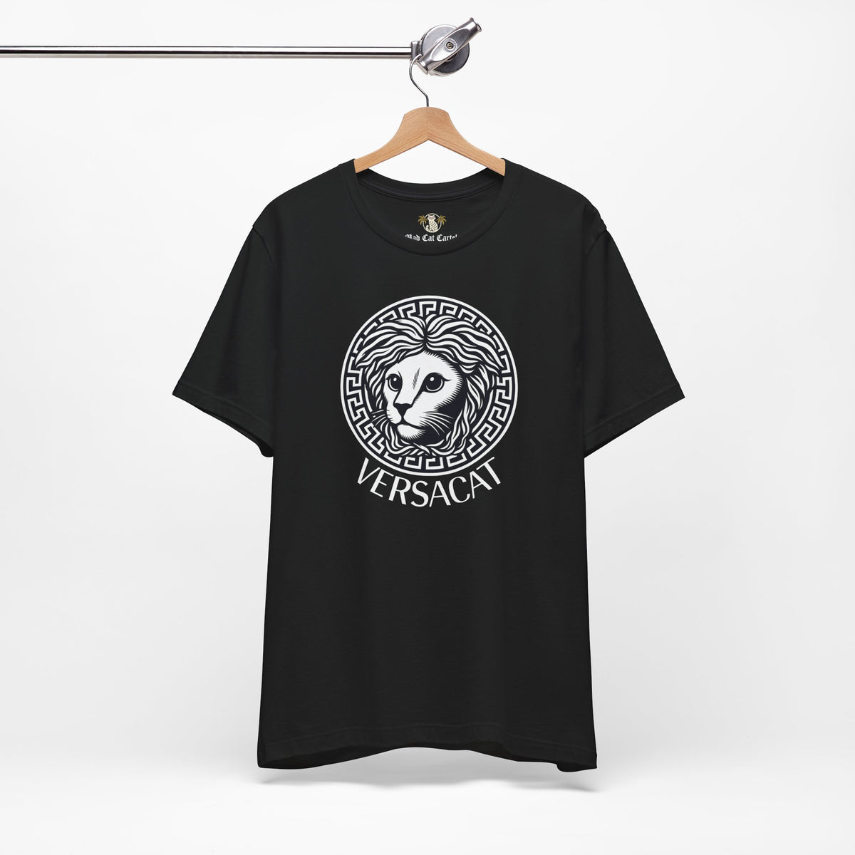 Versacat Medusa Cat Emblem Graphic T-Shirt in black, on a hanger