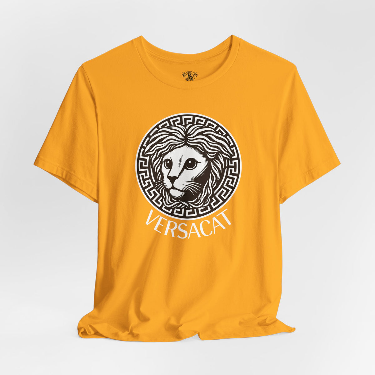Versacat Medusa Cat Emblem Graphic T-Shirt in gold, flat lay