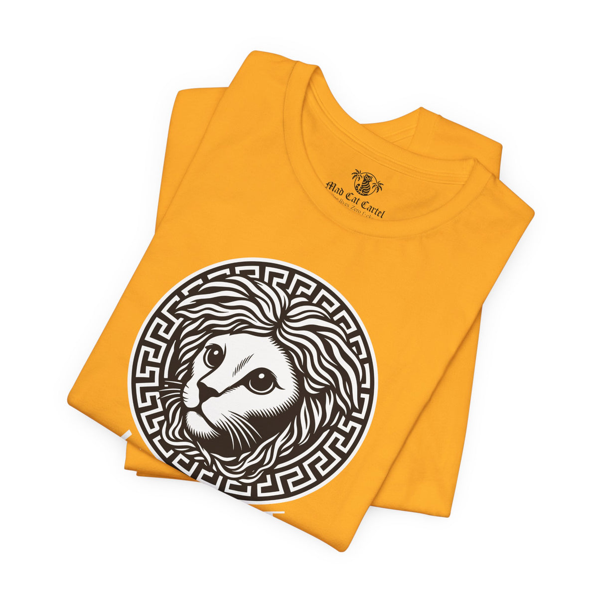 Versacat Medusa Cat Emblem Graphic T-Shirt in gold, folded