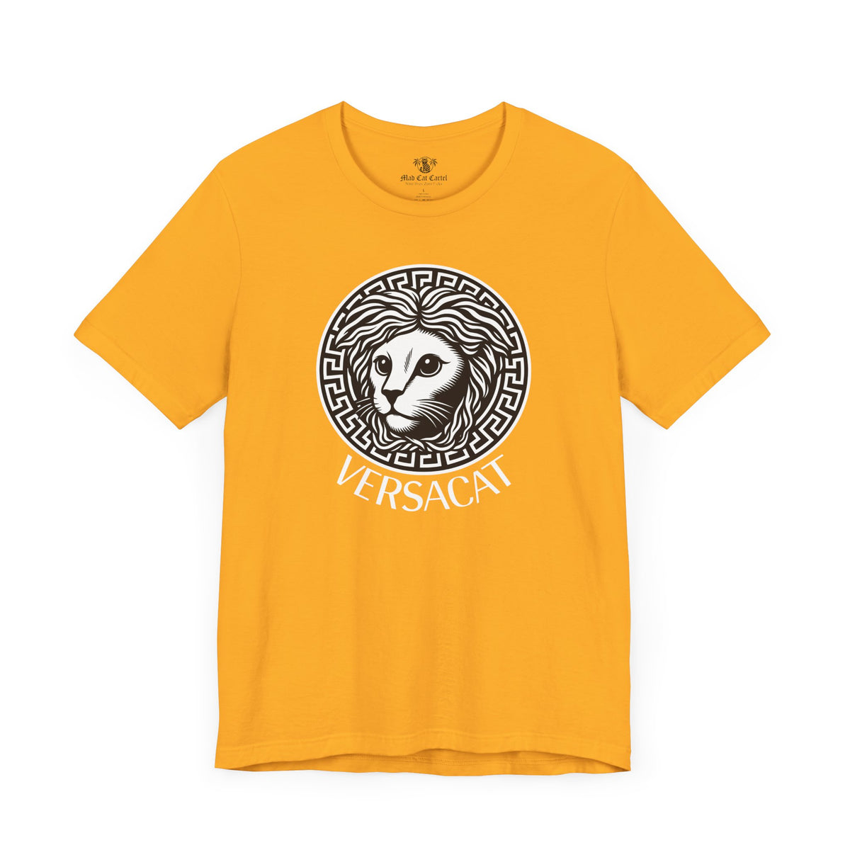 Versacat Medusa Cat Emblem Graphic T-Shirt in gold, front view