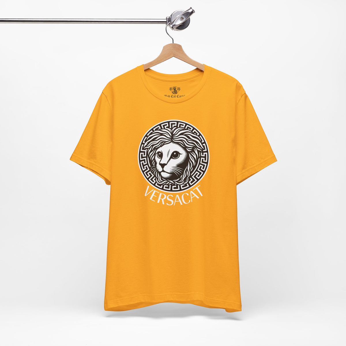 Versacat Medusa Cat Emblem Graphic T-Shirt in gold, on a hanger