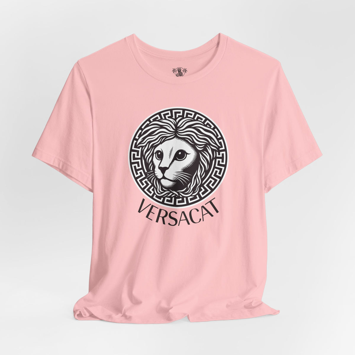 Versacat Medusa Cat Emblem Graphic T-Shirt in pink, flat lay