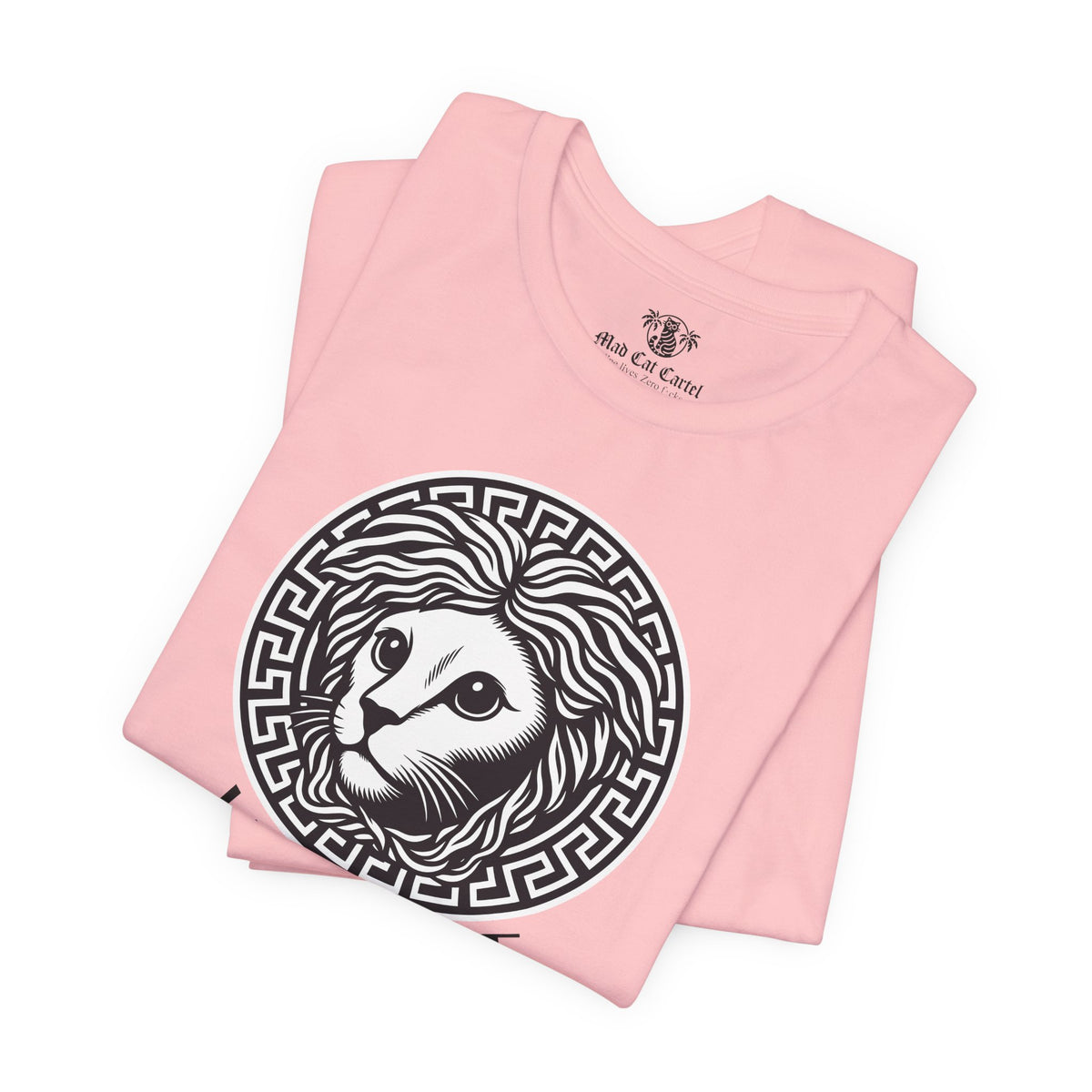 Versacat Medusa Cat Emblem Graphic T-Shirt in pink, folded