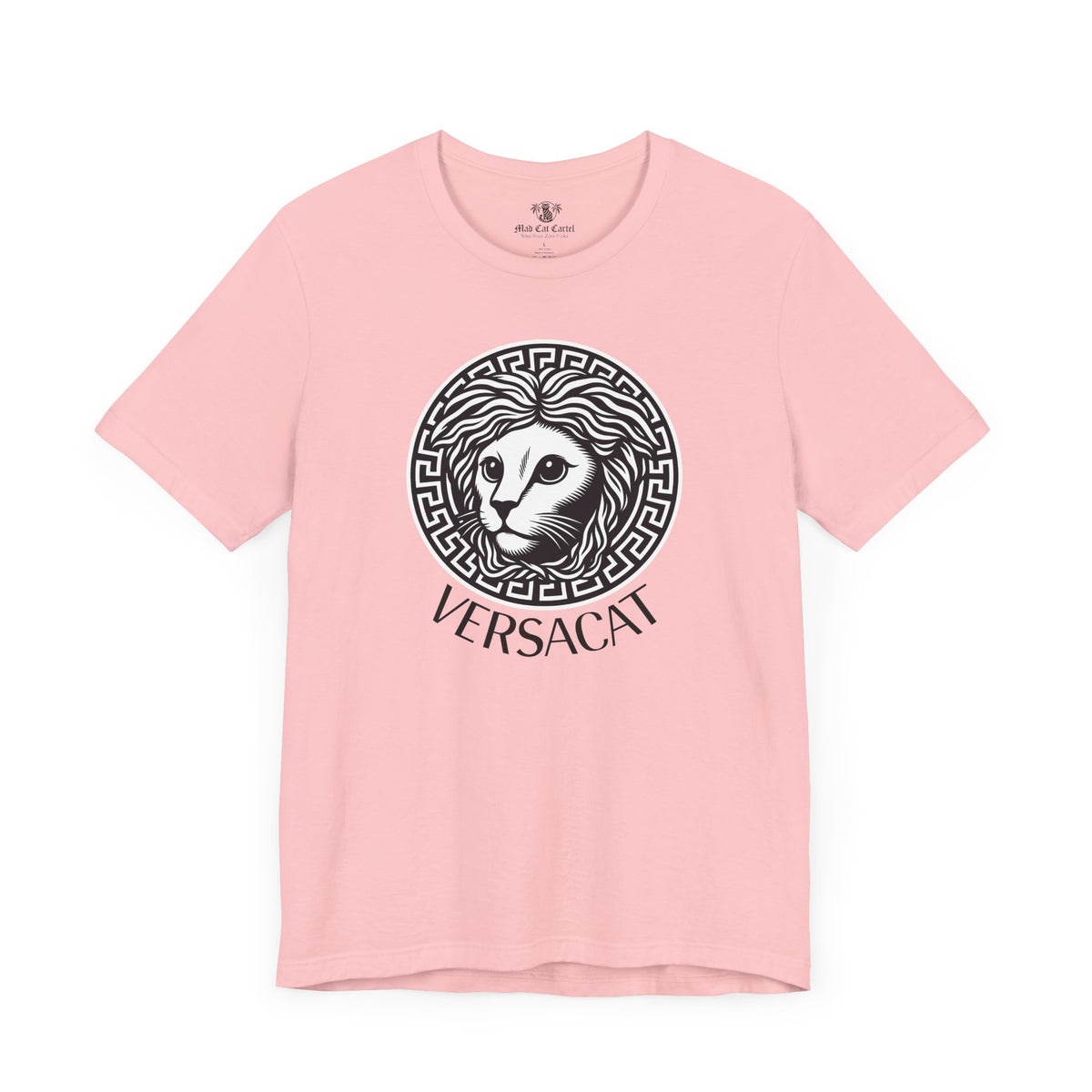 Versacat Medusa Cat Emblem Graphic T-Shirt in pink, front view