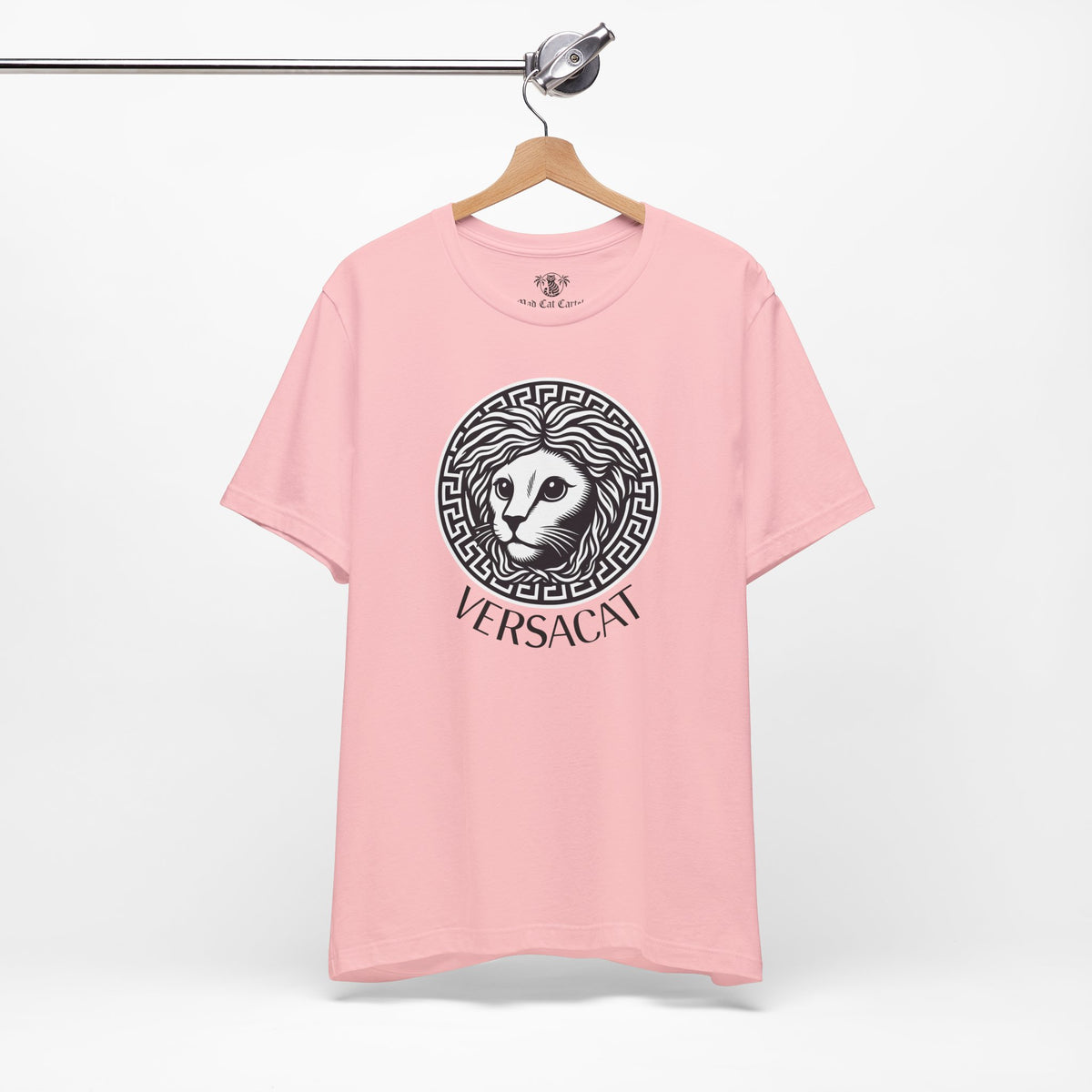 Versacat Medusa Cat Emblem Graphic T-Shirt in pink, on a hanger