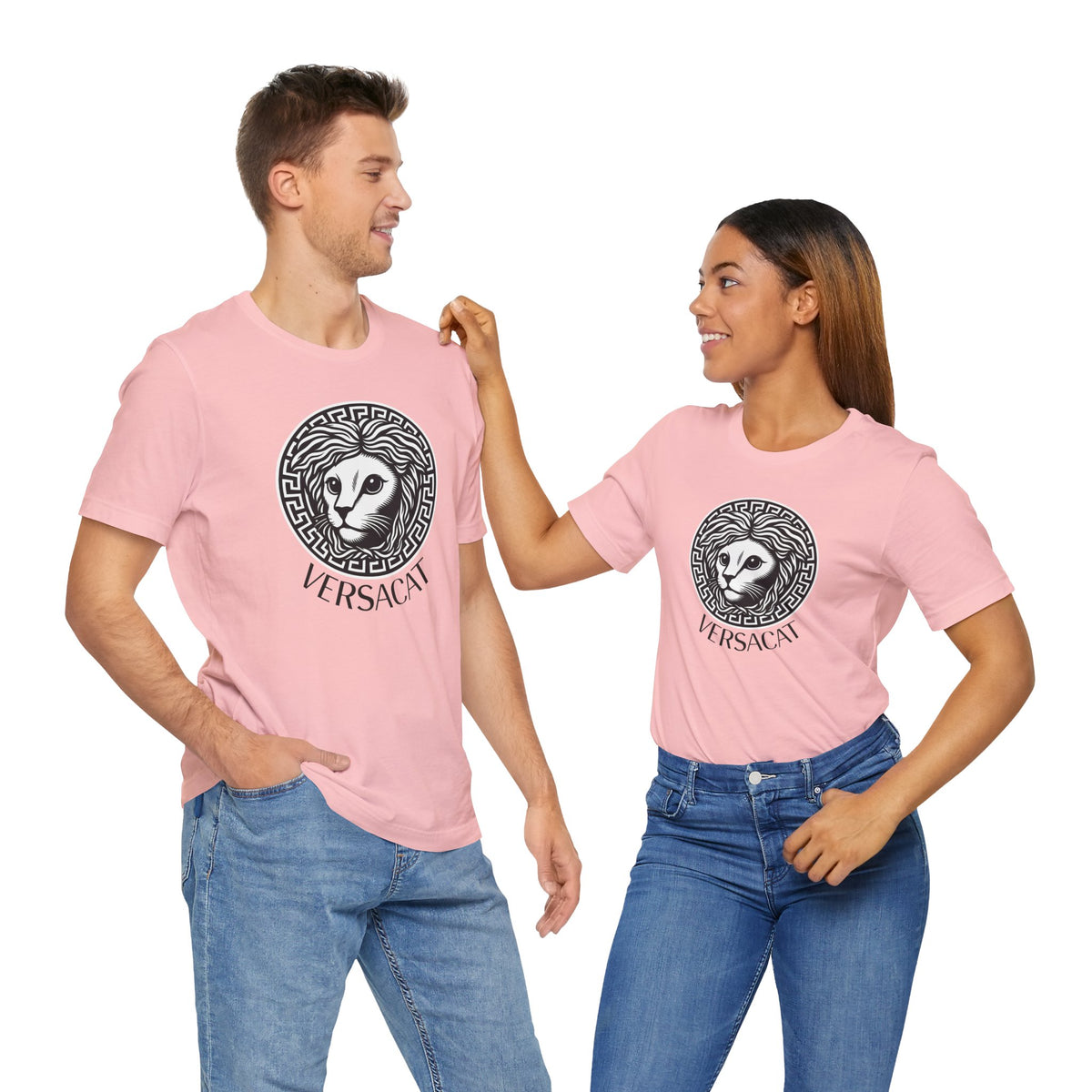 Versacat Medusa Cat Emblem Graphic T-Shirt in pink, worn by two models