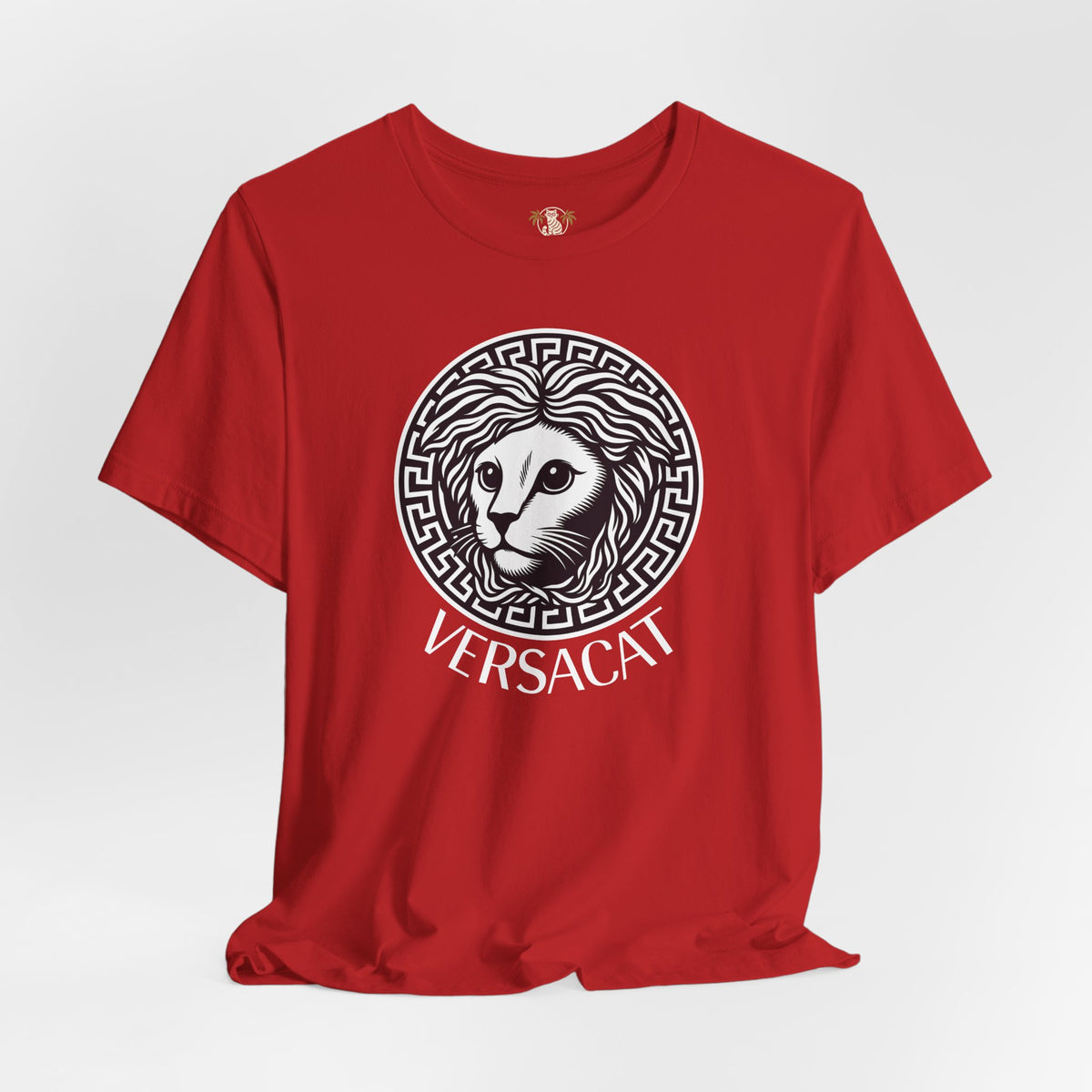 Versacat Medusa Cat Emblem Graphic T-Shirt in red, flat lay