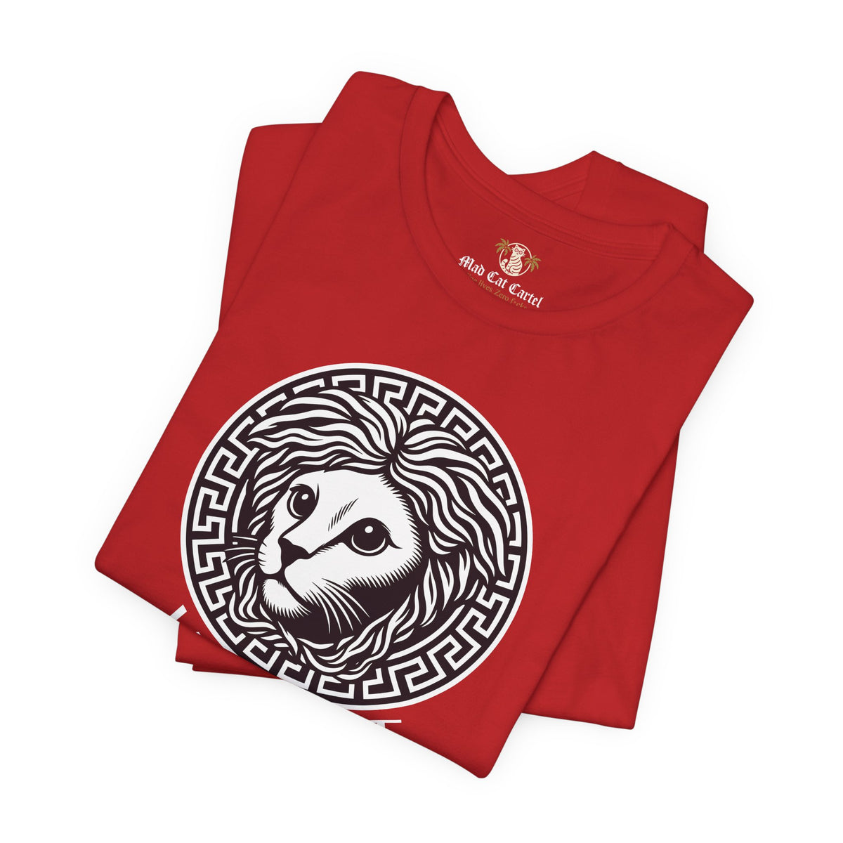 Versacat Medusa Cat Emblem Graphic T-Shirt in red, folded