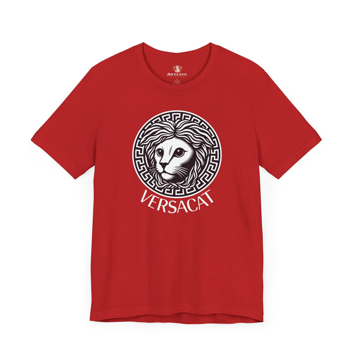 Versacat Medusa Cat Emblem Graphic T-Shirt in red, front view