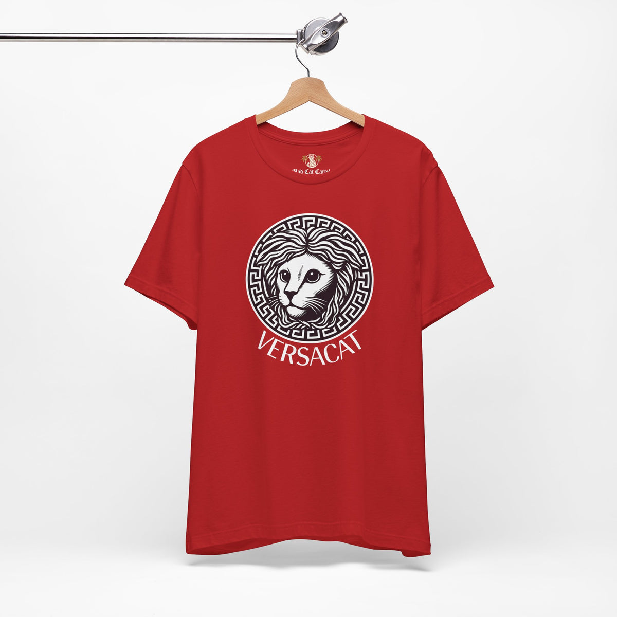 Versacat Medusa Cat Emblem Graphic T-Shirt in red, on a hanger