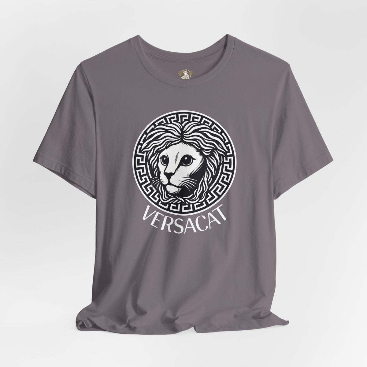Versacat Medusa Cat Emblem Graphic T-Shirt in storm, flat lay