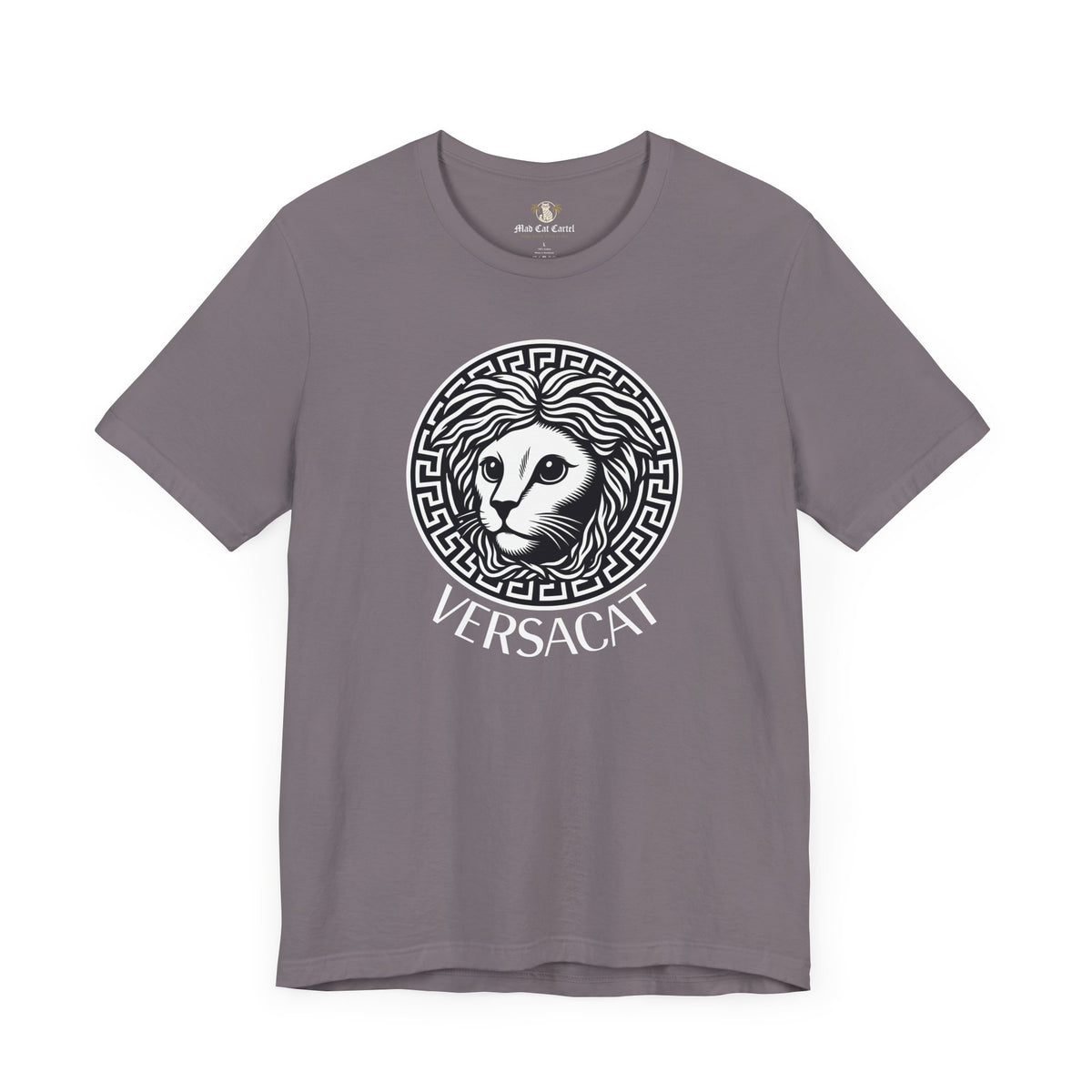 Versacat Medusa Cat Emblem Graphic T-Shirt in storm, front view