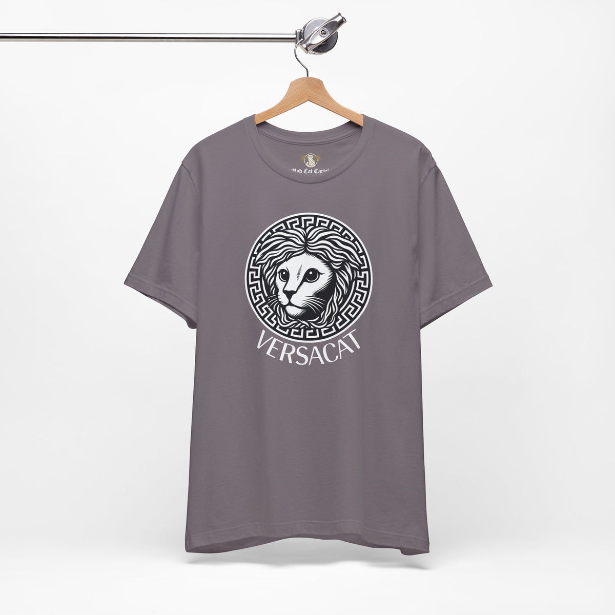 Versacat Medusa Cat Emblem Graphic T-Shirt in storm, on a hanger