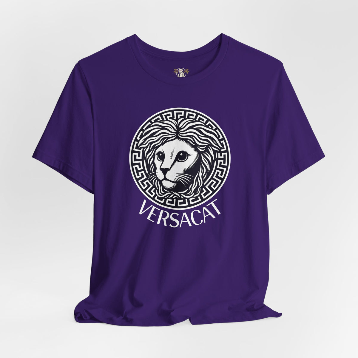 Versacat Medusa Cat Emblem Graphic T-Shirt in team purple, flat lay
