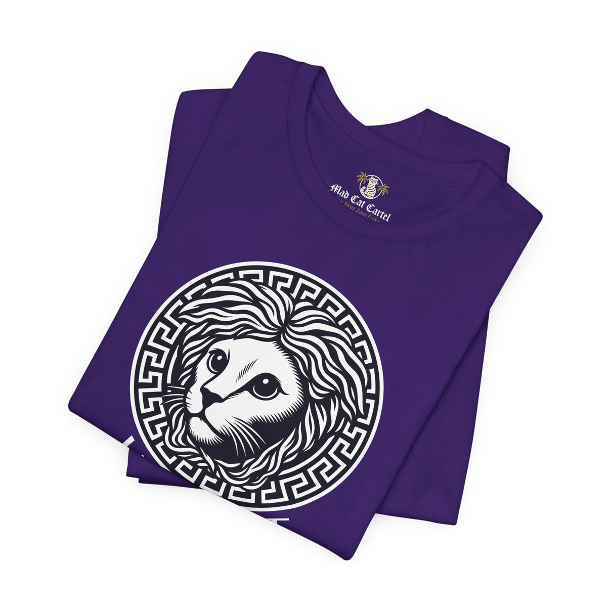Versacat Medusa Cat Emblem Graphic T-Shirt in team purple, folded