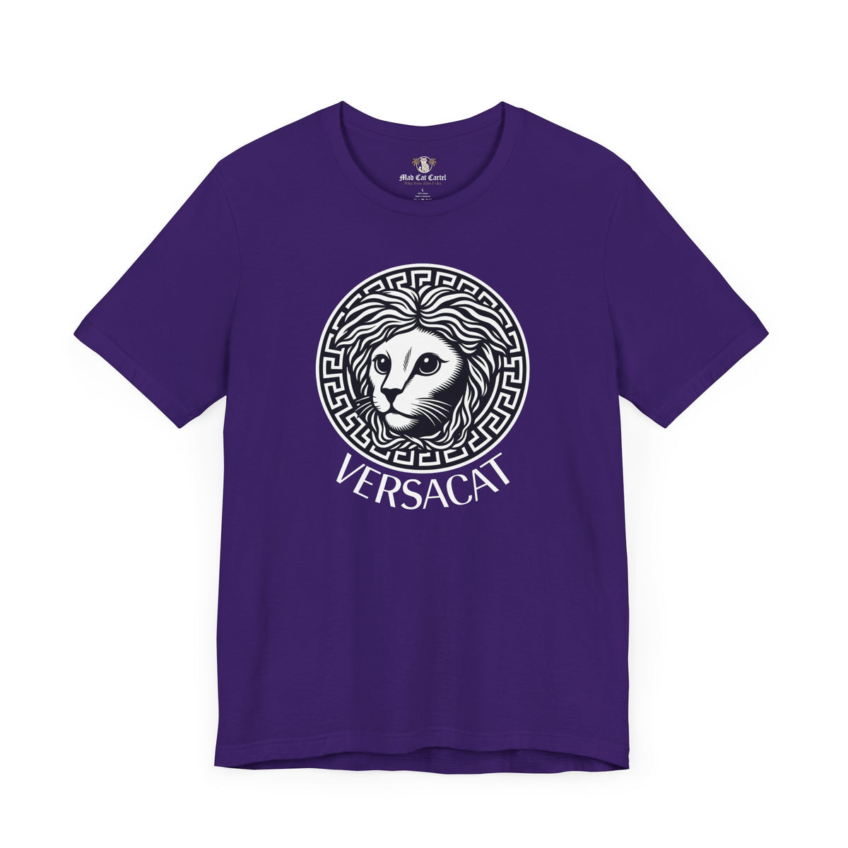 Versacat Medusa Cat Emblem Graphic T-Shirt in team purple, front view
