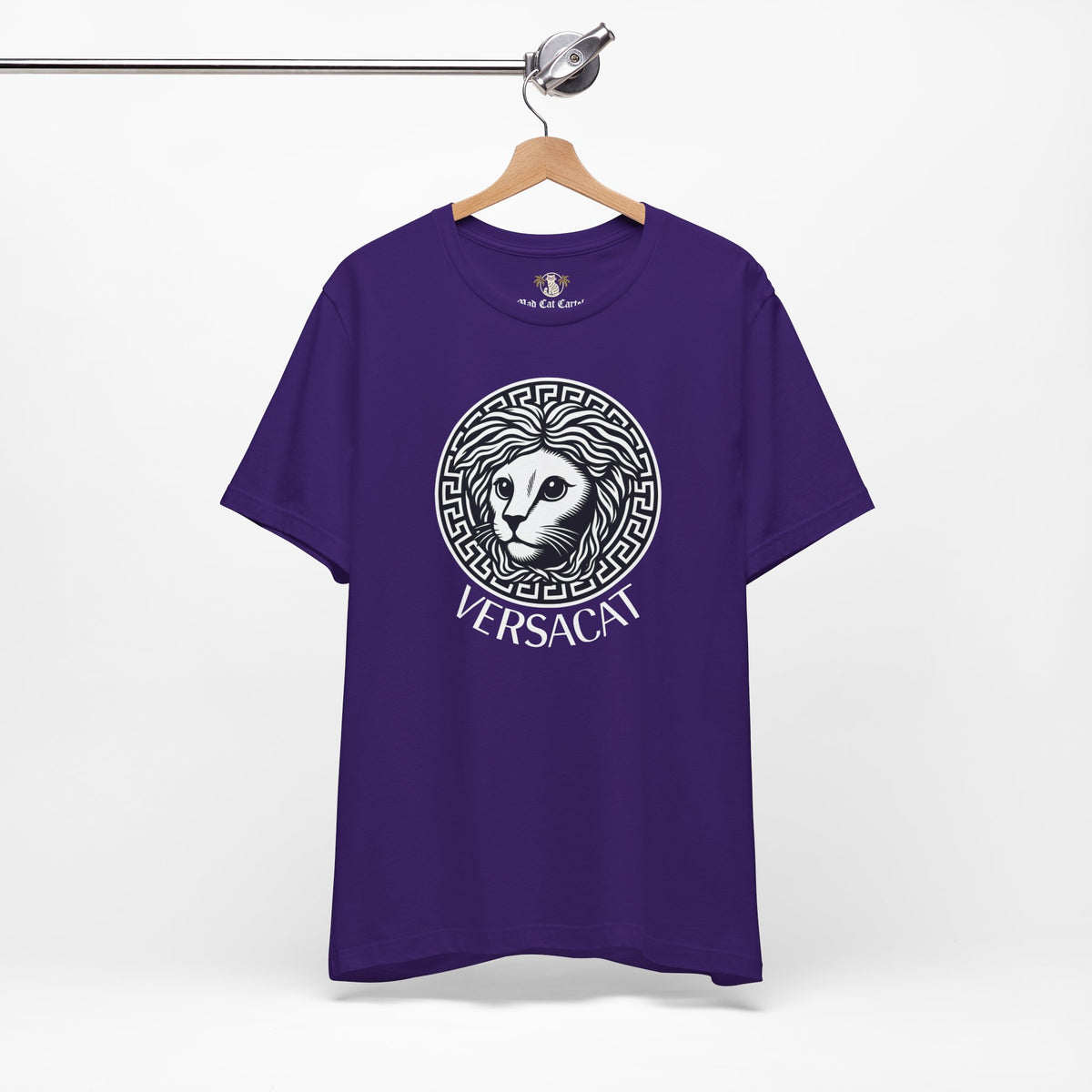 Versacat Medusa Cat Emblem Graphic T-Shirt in team purple, on a hanger