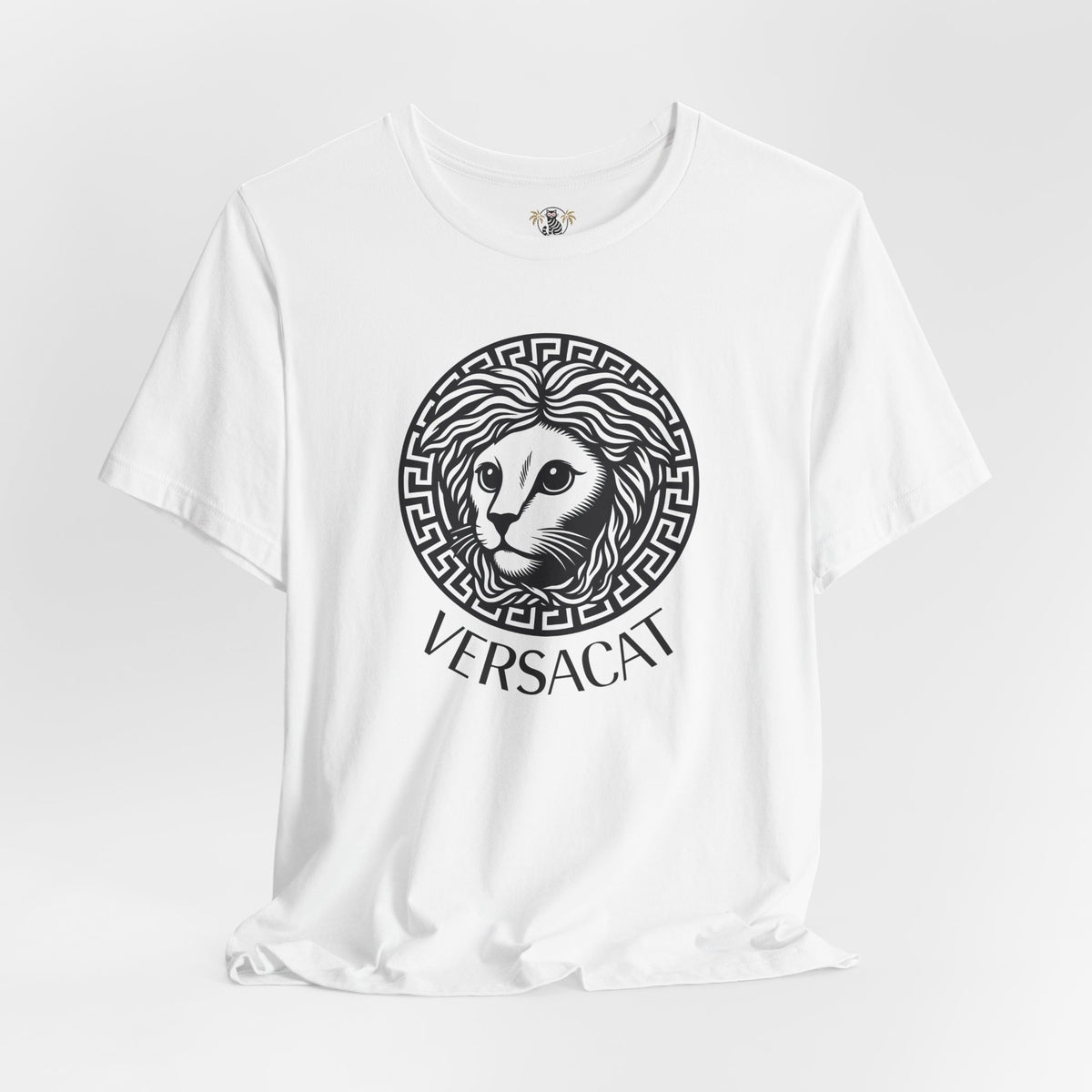Versacat Medusa Cat Emblem Graphic T-Shirt in white, flat lay