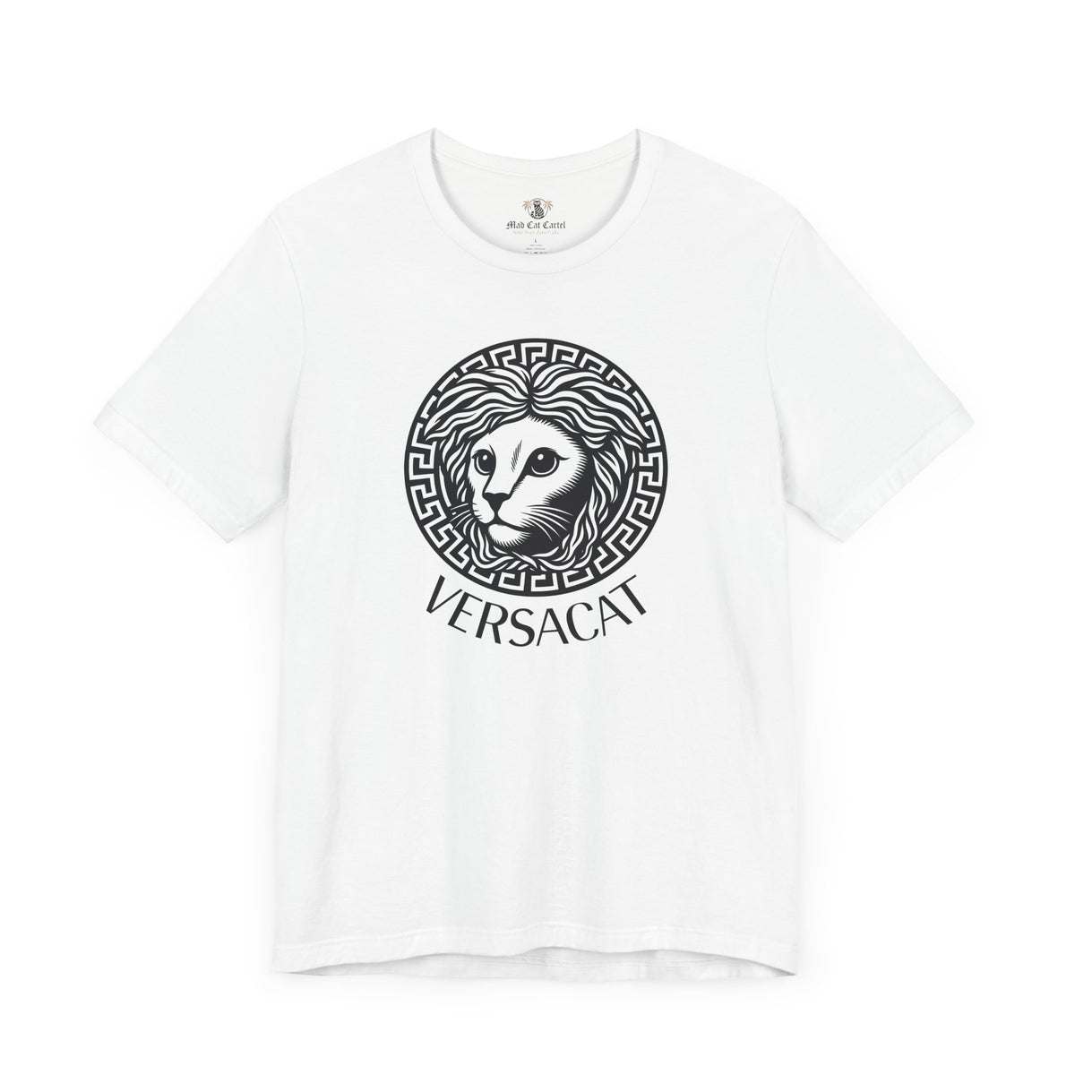 Versacat Medusa Cat Emblem Graphic T-Shirt in white, front view