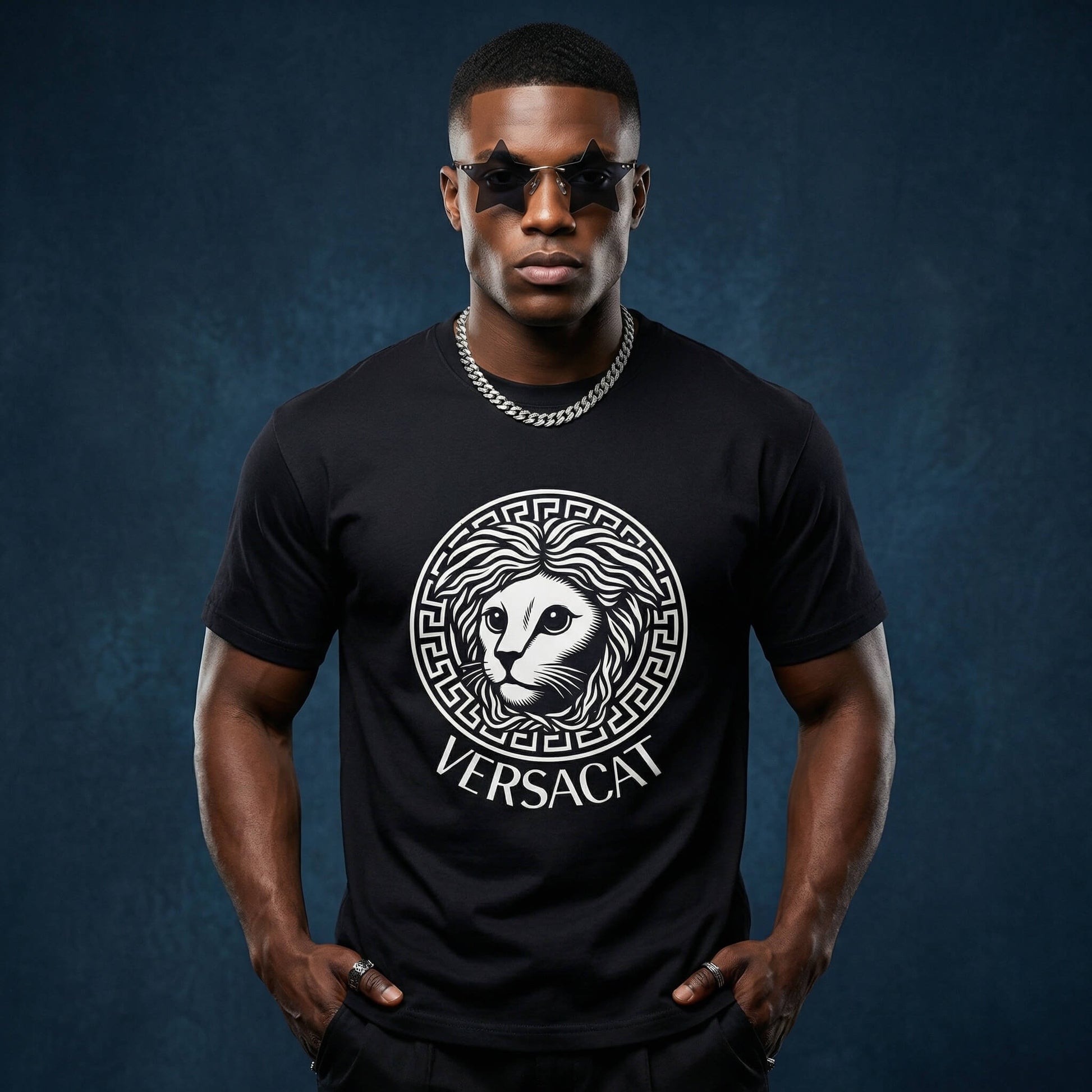 Versacat designer parody cat tee by Mad Cat Cartel in black worn by male model with cool luxury-style cat emblem graphic