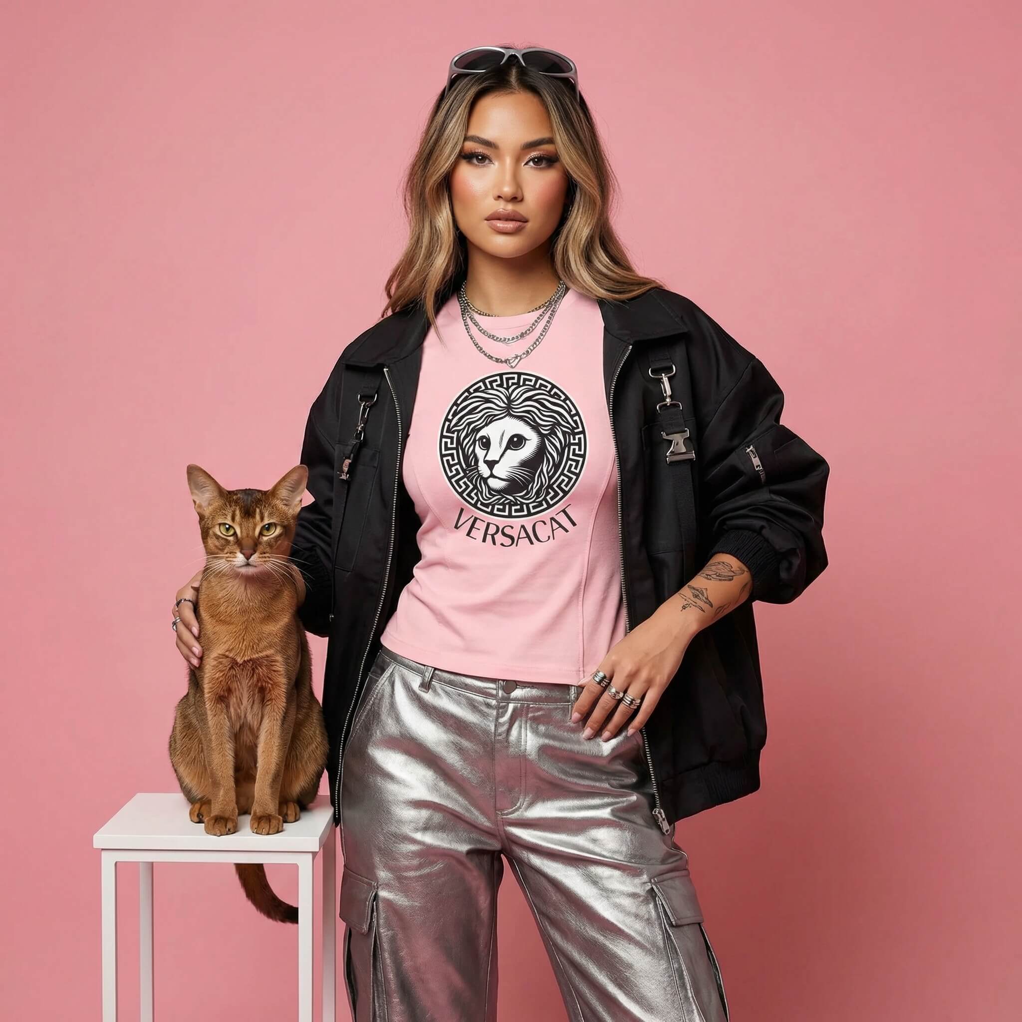 Versacat designer parody cat tee by Mad Cat Cartel in pink worn by female model with luxury parody cat logo graphic